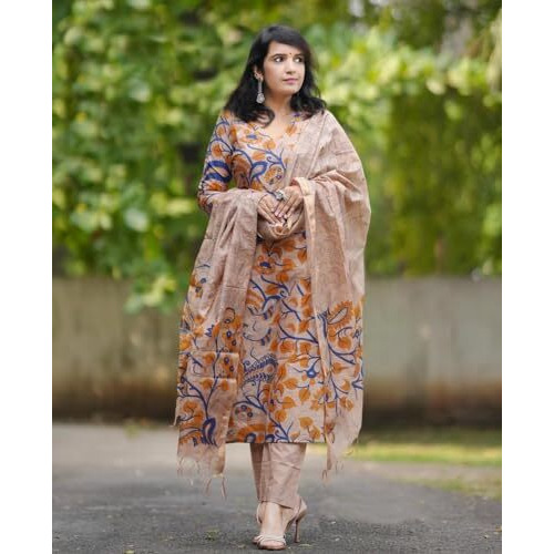 ANNI DESIGNER Women's Rayon Blend Printed Straight Kurta with Pant & Dupatta (Kalam Chiku_5XL_Beige_XXXXX-Large)