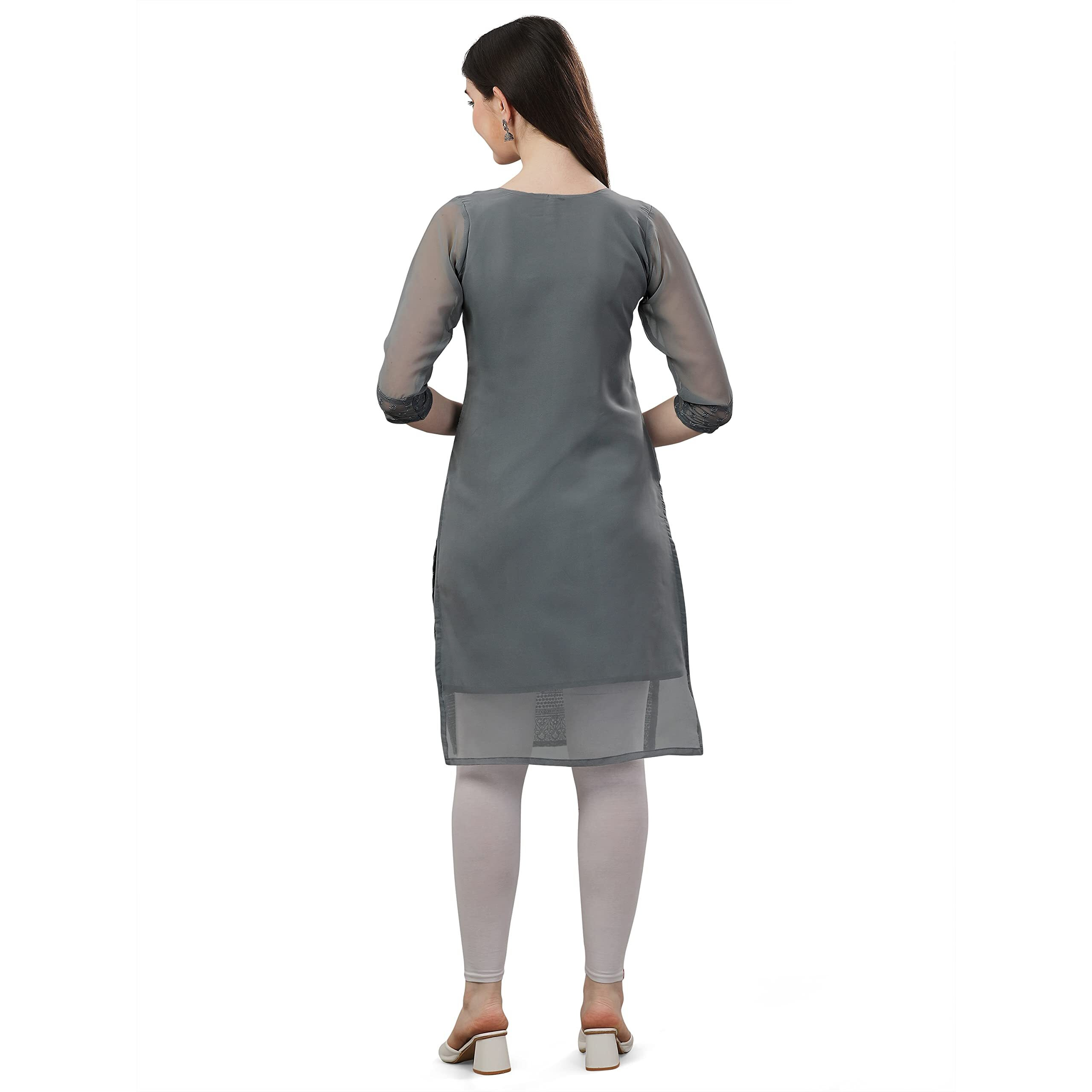 Fashion2wear Women's Georgette Chikankari Embroidered Notched Neck 3/4 Sleeve Knee Length Straight Kurta for Girls (Biba_Kurti_Grey_2XL)