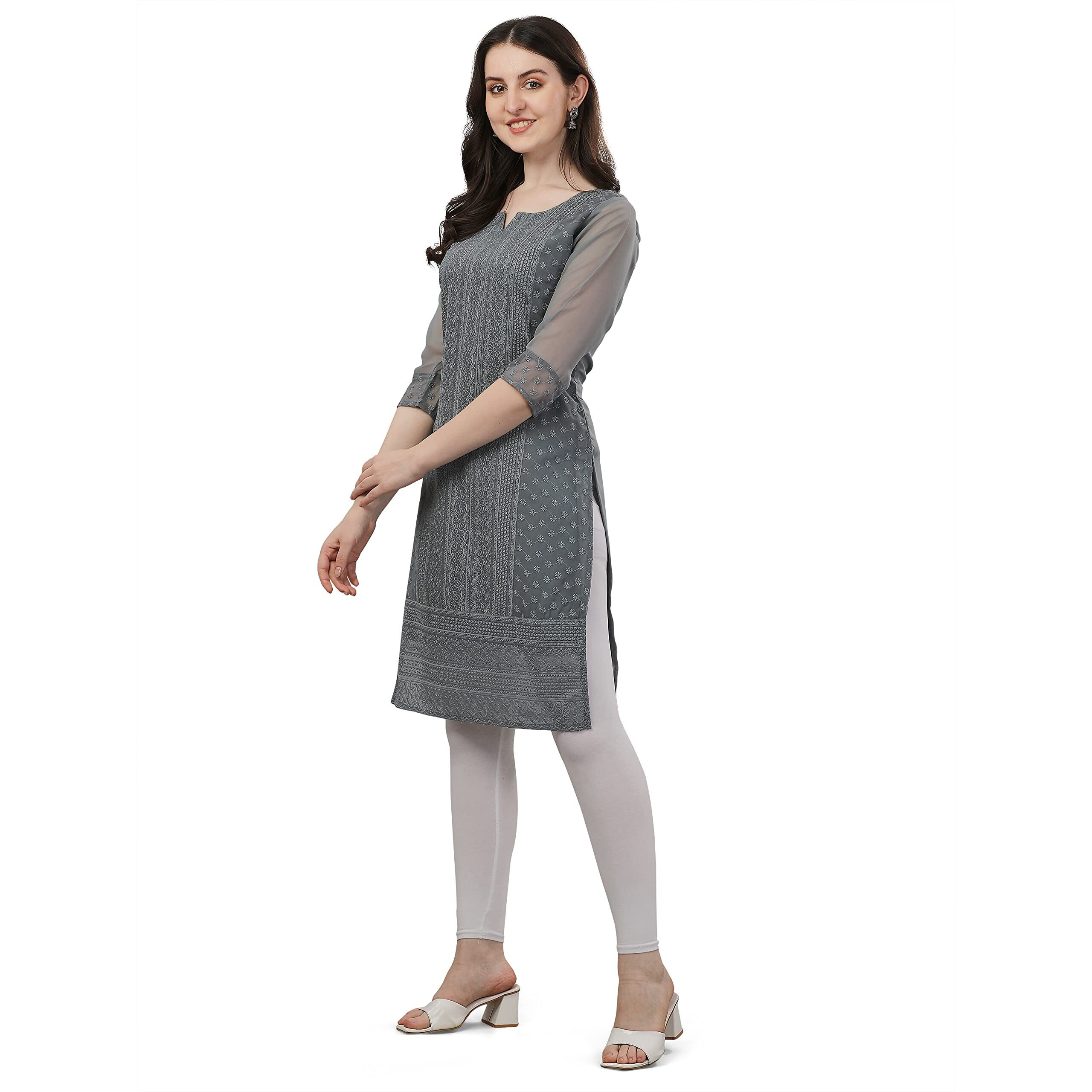 Fashion2wear Women's Georgette Chikankari Embroidered Notched Neck 3/4 Sleeve Knee Length Straight Kurta for Girls (Biba_Kurti_Grey_2XL)