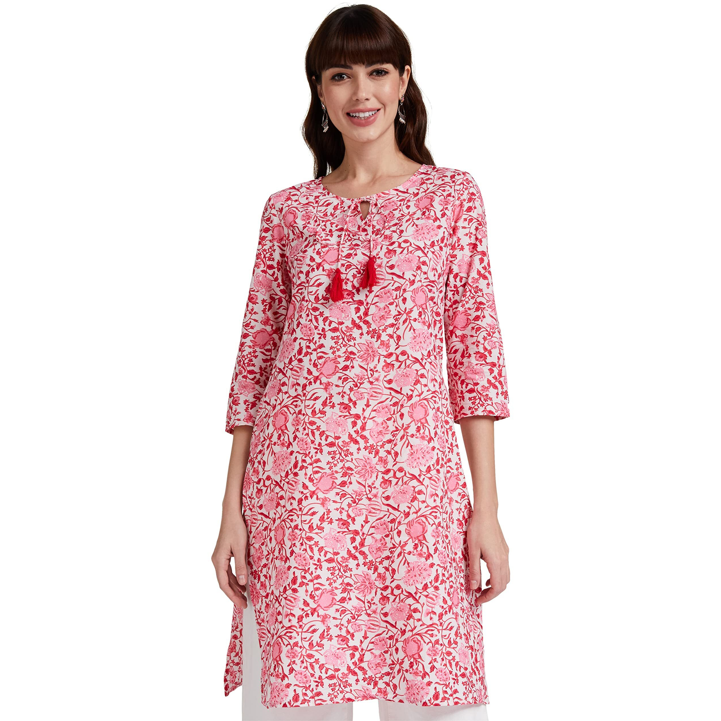 Amazon Brand - Myx Women's Cotton Regular Kurti (PAG 46_Pink_L)
