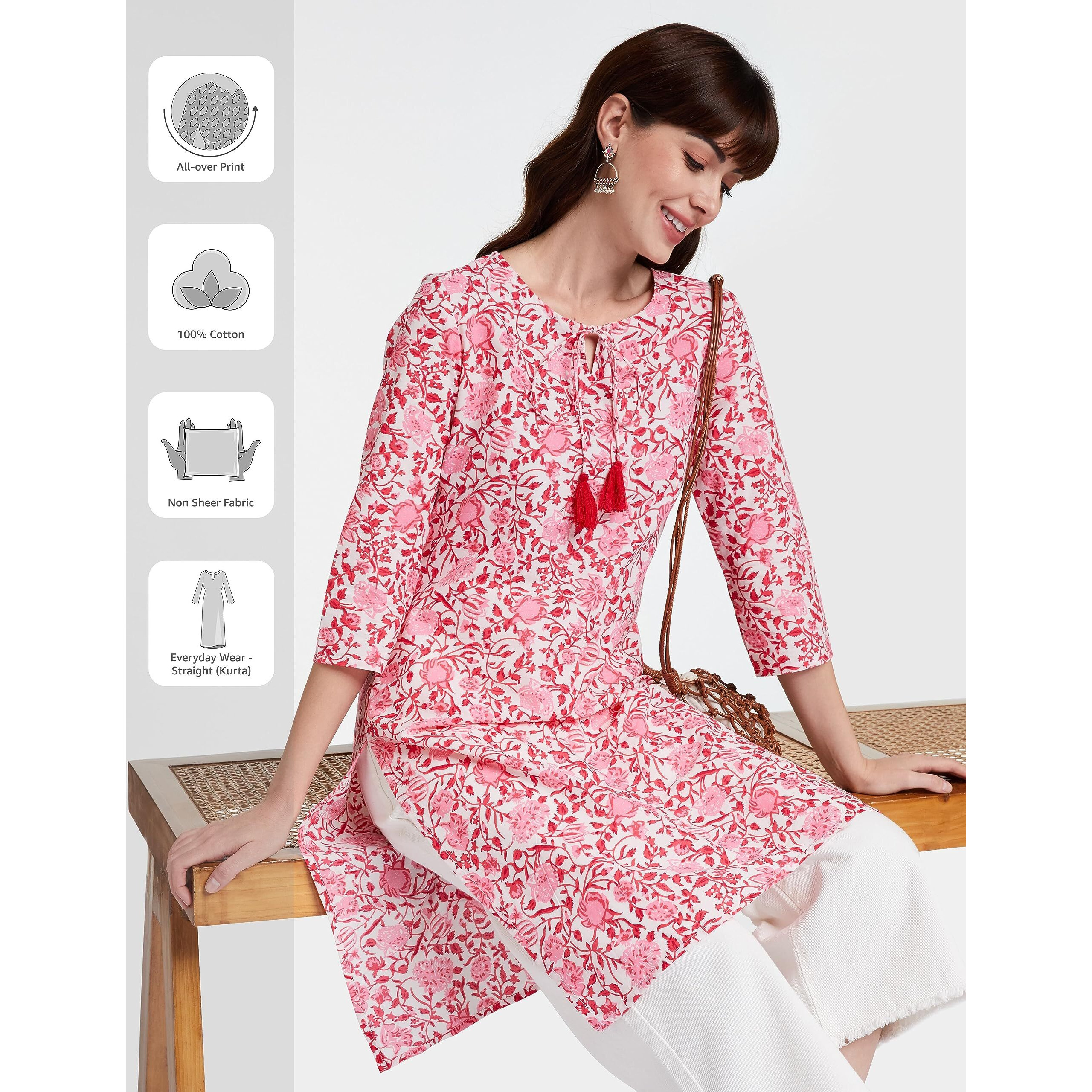 Amazon Brand - Myx Women's Cotton Regular Kurti (PAG 46_Pink_L)