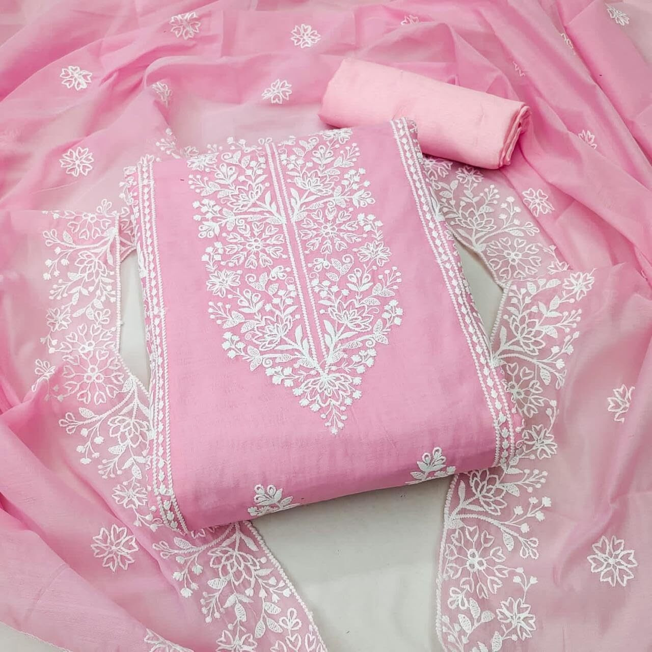 StyleScope Women's Cotton Chanderi Embroidery Work Unstitched Salwar Suit Dress Material With Chanderi Work Dupatta (DM Panel Light Pink_Light Pink_Free Size)