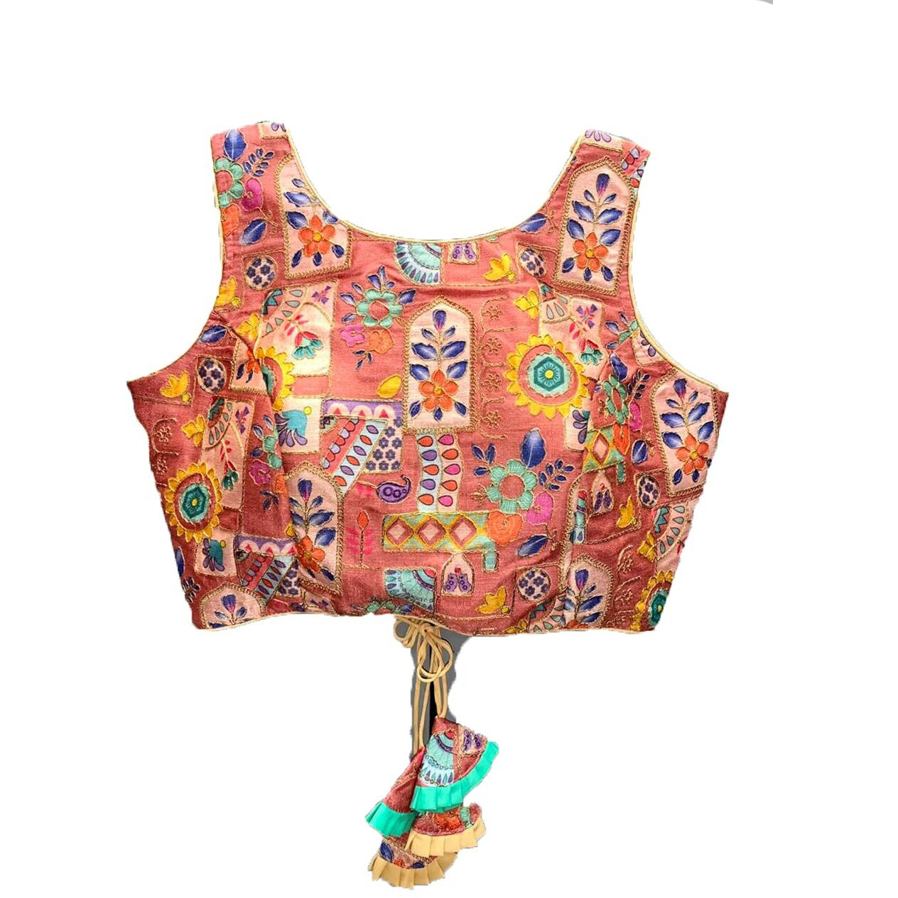 Vihu Fashion Women's Multicolor Phantom Silk deep Back Neck Digital Print Readymadev Sleeveless Saree Blouse