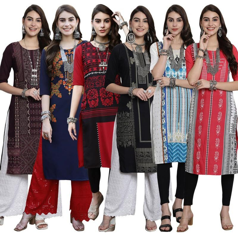 Pinkmint Women's Crepe Digital Print Straight Kurta [Pack of 6]
