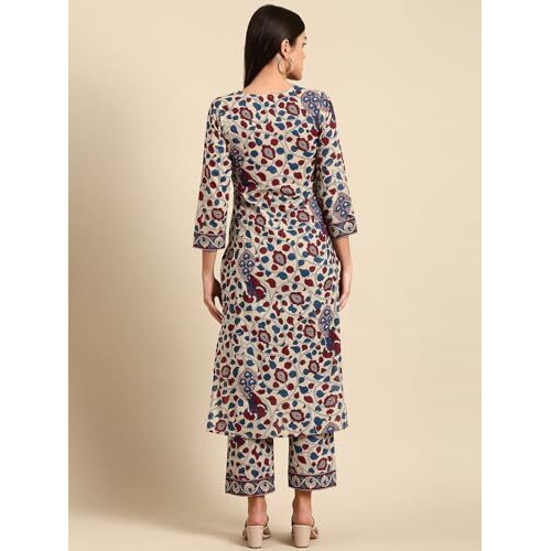 ANNI DESIGNER Women's Rayon Blend Straight Printed Kurta with Pant (Nakari Cream_M_Cream_Medium)