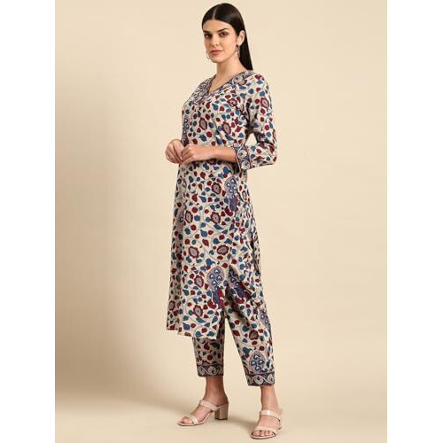 ANNI DESIGNER Women's Rayon Blend Straight Printed Kurta with Pant (Nakari Cream_M_Cream_Medium)