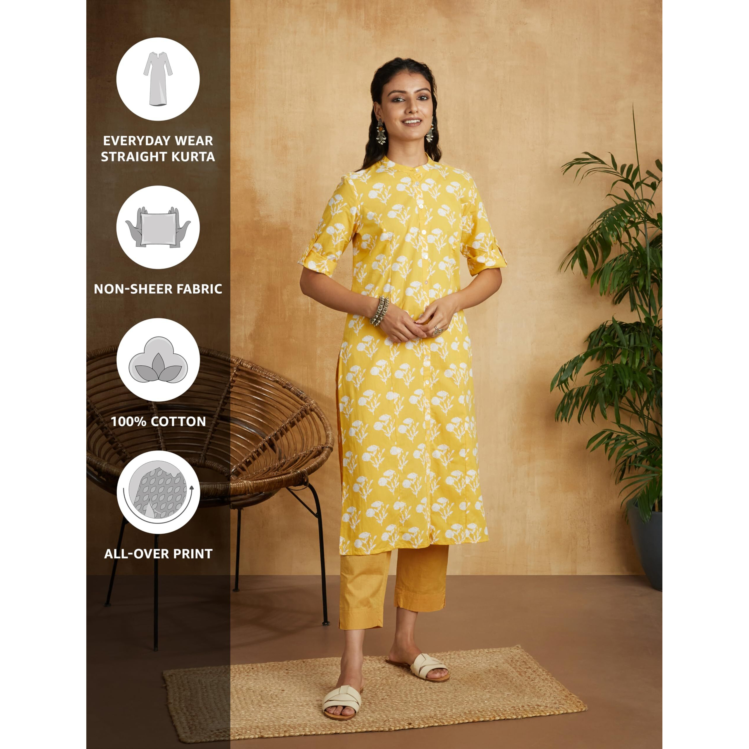 Amazon Brand - Myx Women's Cotton Printed Regular Kurti (PAG 102_Dalli (Ochre) _2XL)