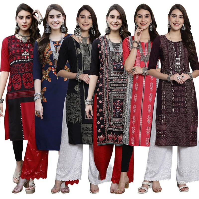 Pinkmint Women's Crepe Digital Print Straight Kurta [Pack of 6]