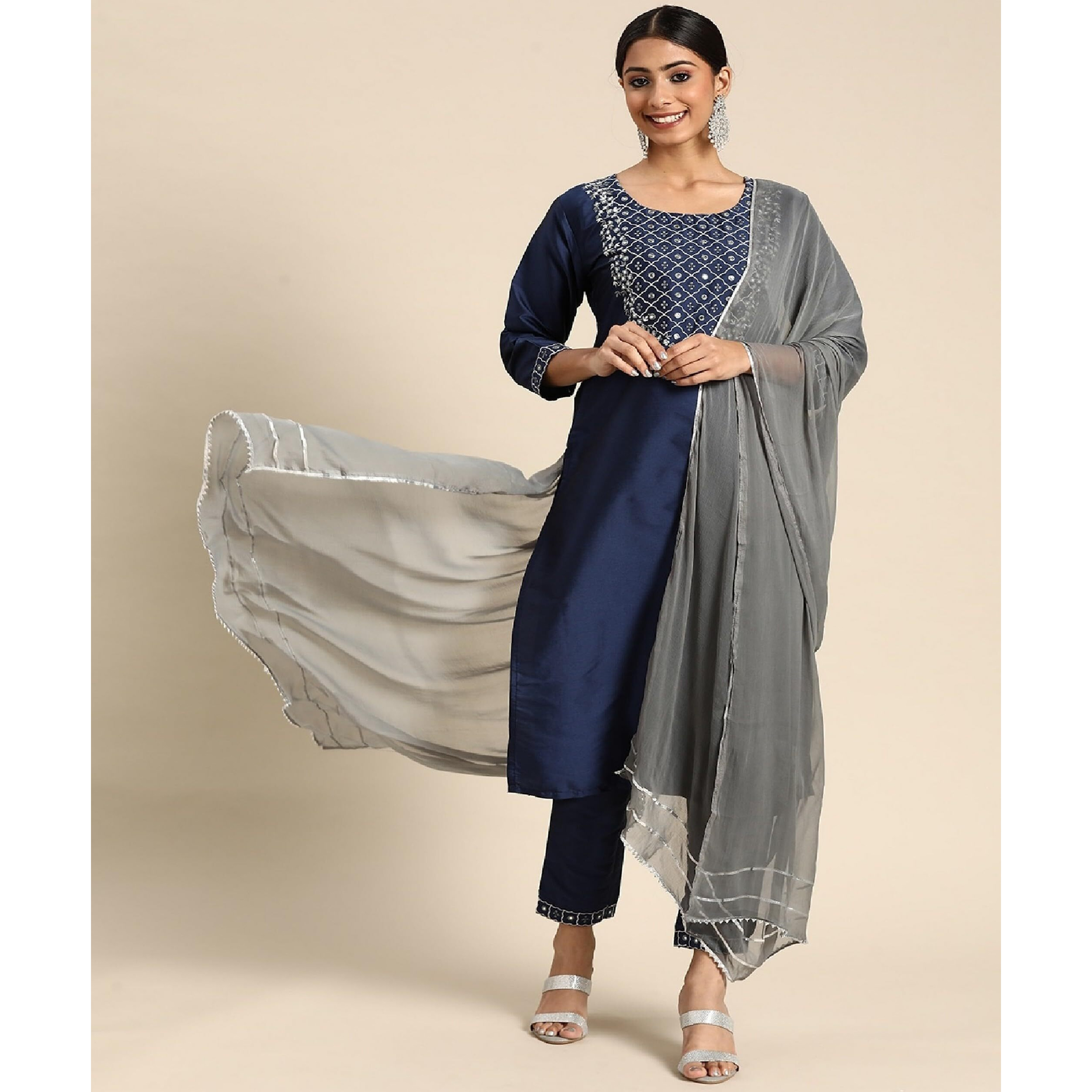 Yashika Women's Art Silk Dark Blue Kurta and Pant Set with Dupatta (YS-KS2050-M) (YS-KS2037-KS2050-P_Blue02