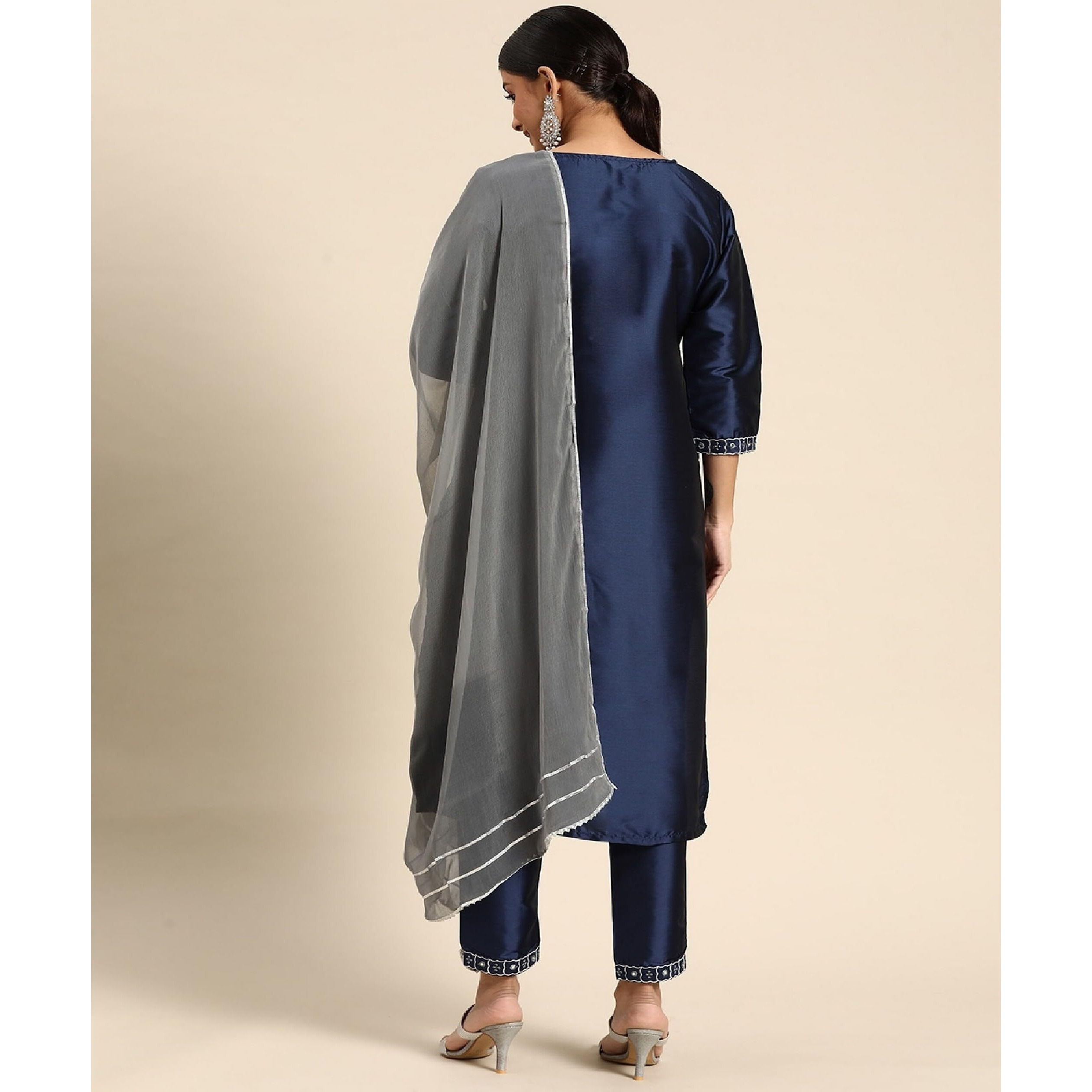 Yashika Women's Art Silk Dark Blue Kurta and Pant Set with Dupatta (YS-KS2050-M) (YS-KS2037-KS2050-P_Blue02