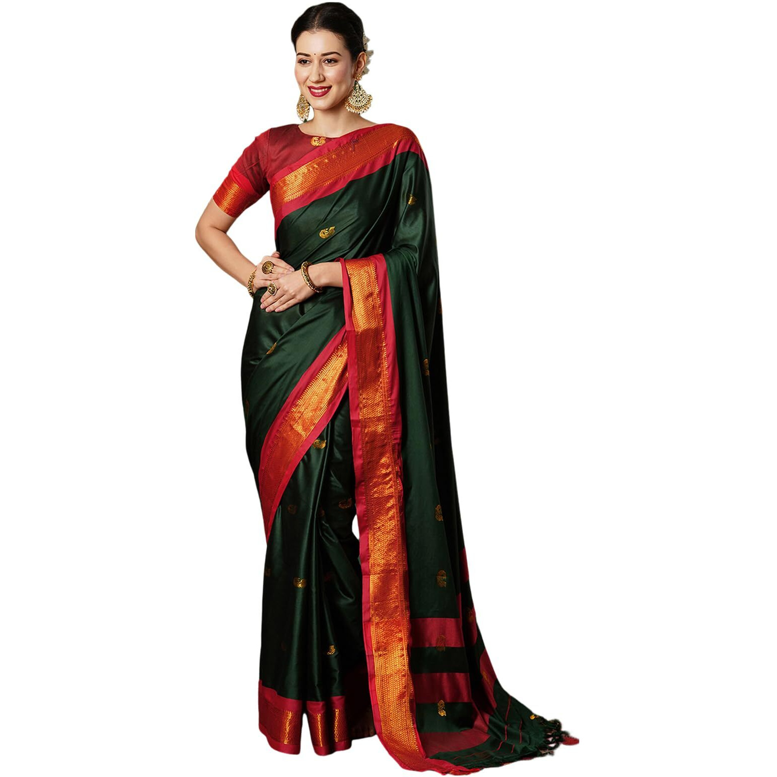 SWARON Women's Banarasi Jacquard Kanjivaram Silk Saree with Unstitched Blouse Piece (3743S107NW_Dark Green & Red)