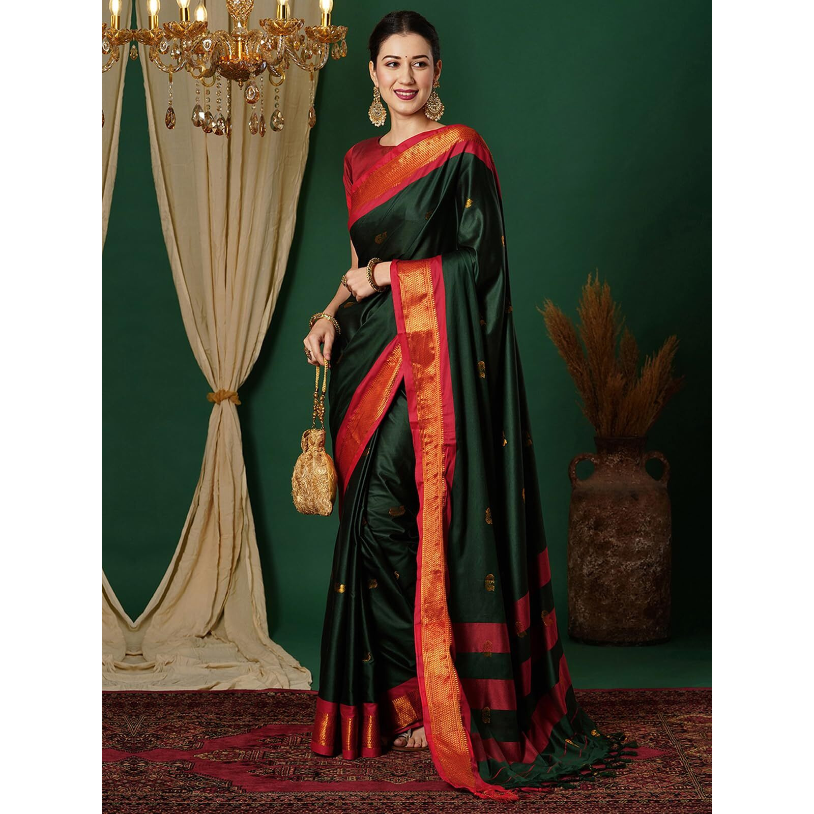 SWARON Women's Banarasi Jacquard Kanjivaram Silk Saree with Unstitched Blouse Piece (3743S107NW_Dark Green & Red)