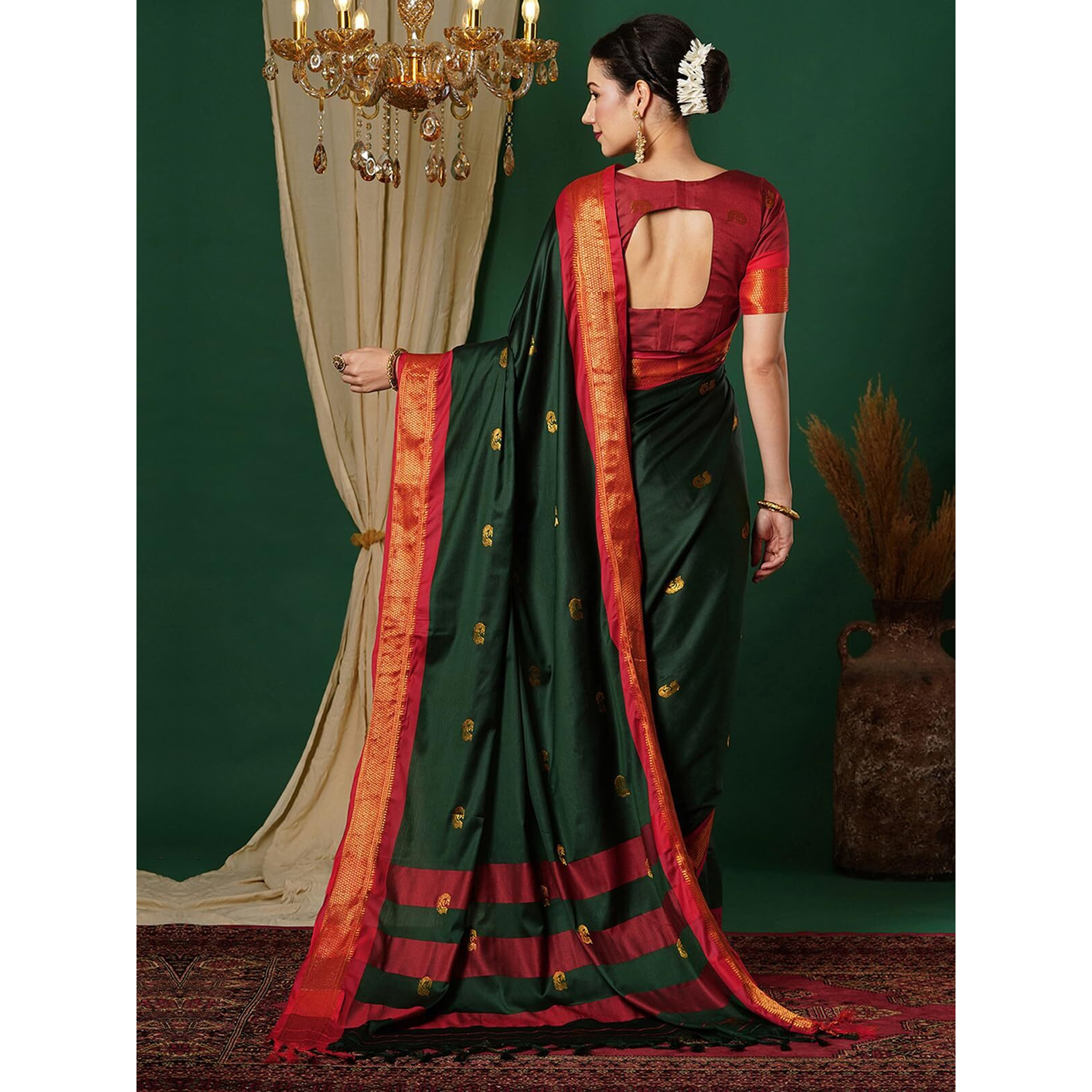 SWARON Women's Banarasi Jacquard Kanjivaram Silk Saree with Unstitched Blouse Piece (3743S107NW_Dark Green & Red)
