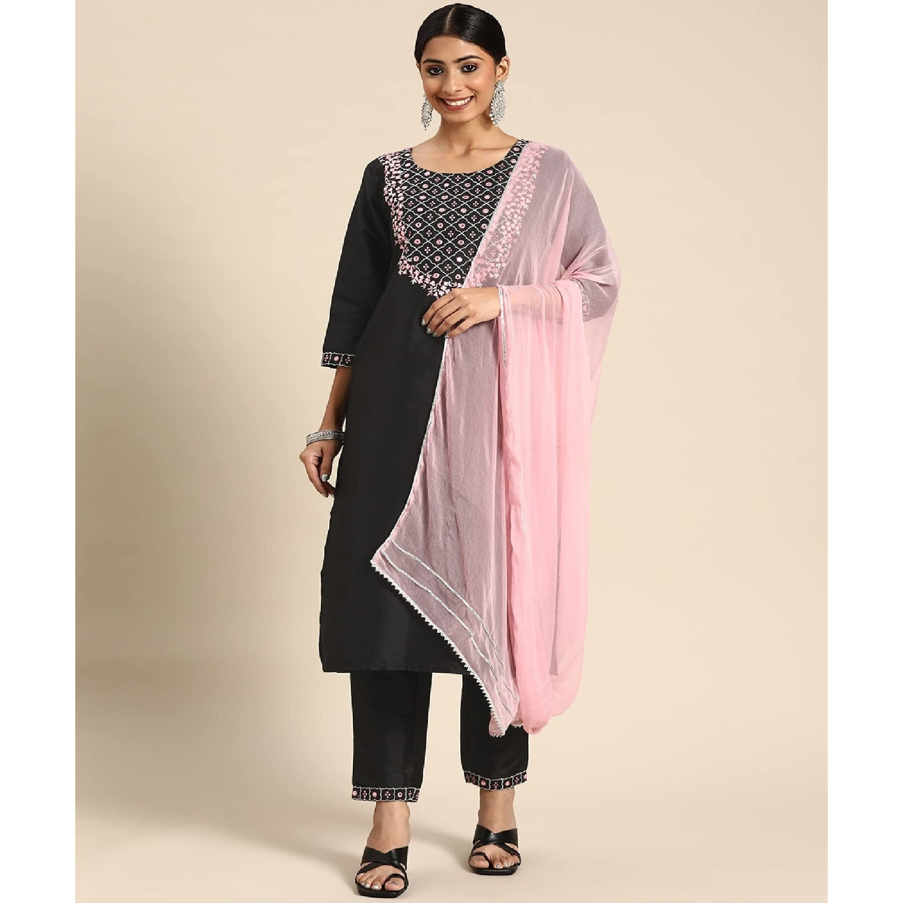 Yashika Women's Art Silk Black Color Kurta Pant with Dupatta (YS-KS2049-L) (YS-KS2037-KS2050-P