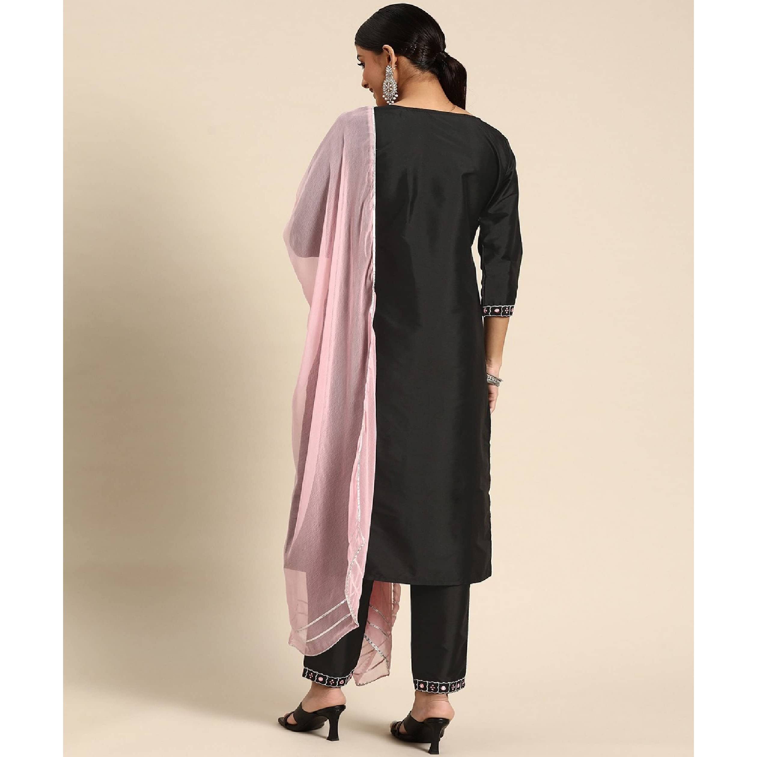 Yashika Women's Art Silk Black Color Kurta Pant with Dupatta (YS-KS2049-L) (YS-KS2037-KS2050-P