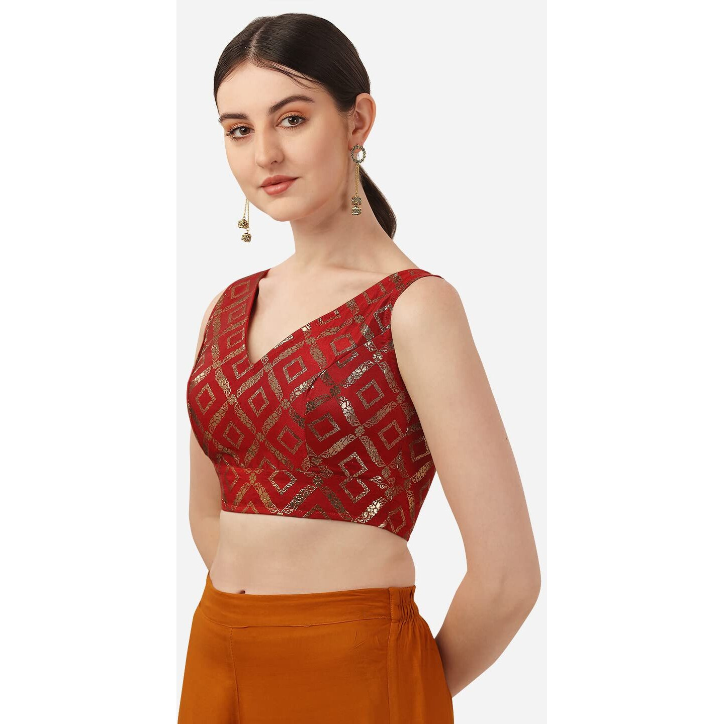 OOMPH Women's Indian Ethnic Wear Designer Zari Work V Neck Sleeveless Blouse for Saree or Lehnga and BlousePalazzos or Skirts for a Fusion Twist.