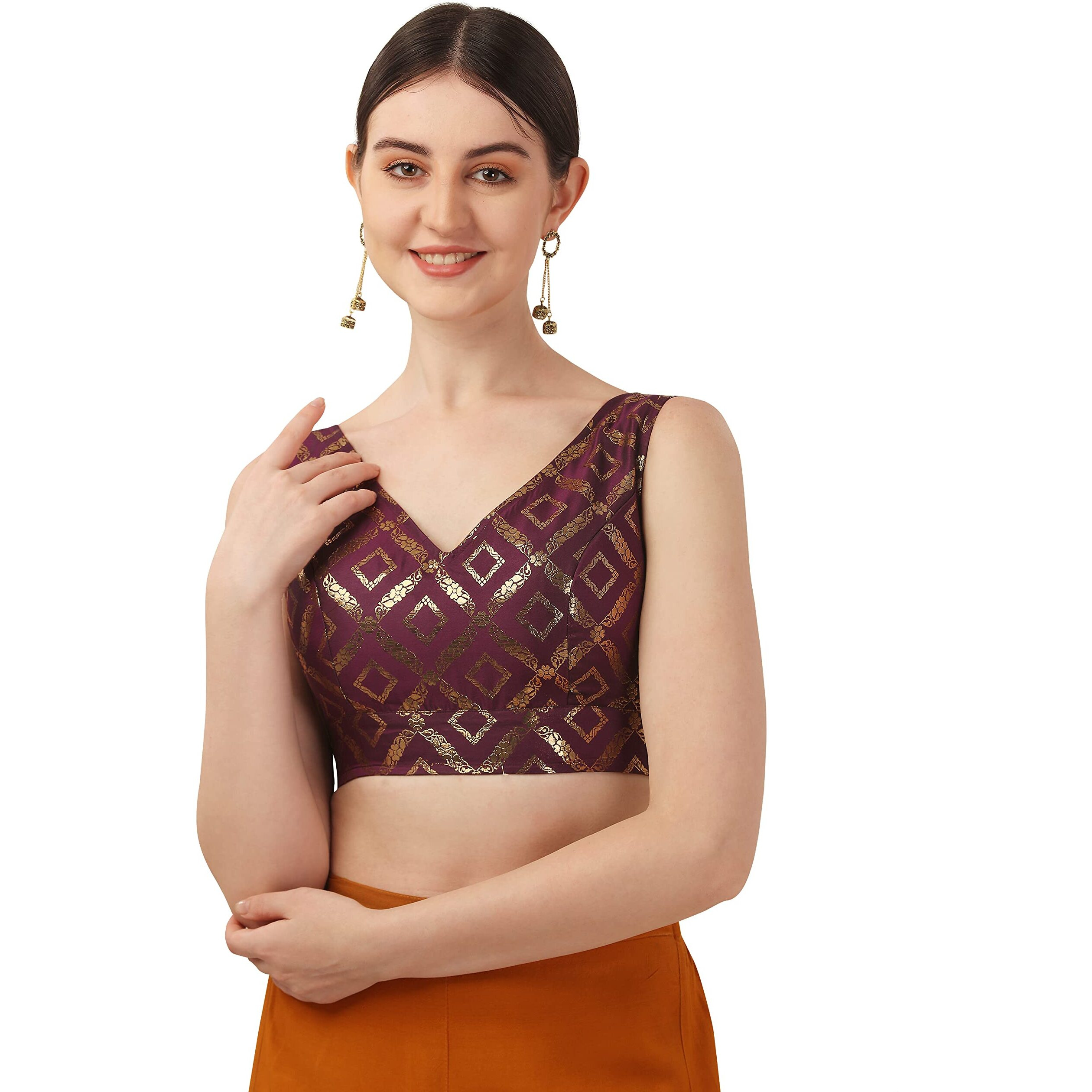 OOMPH Women's Indian Ethnic Wear Designer Zari Work V Neck Sleeveless Purple Blouse for Saree or Lehnga and BlousePalazzos or Skirts for a Fusion Twist.