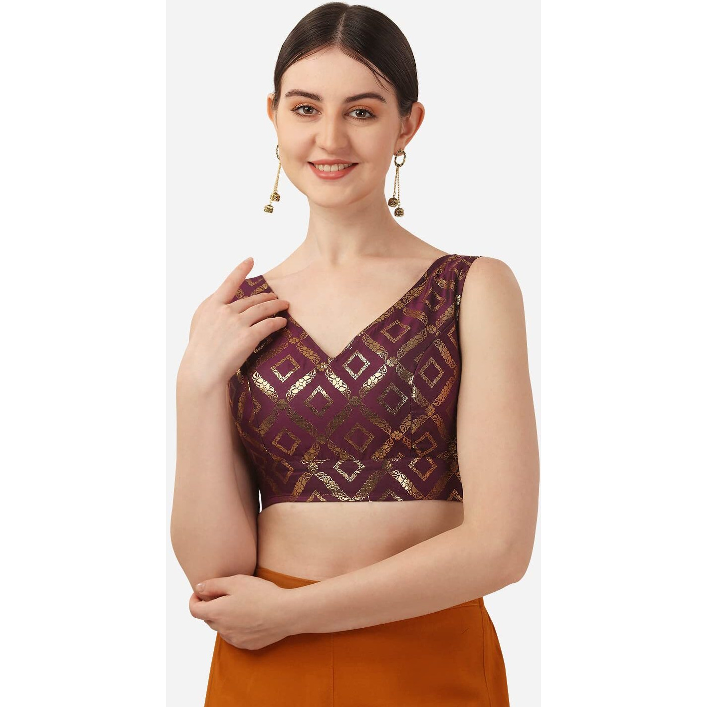 OOMPH Women's Indian Ethnic Wear Designer Zari Work V Neck Sleeveless Purple Blouse for Saree or Lehnga and BlousePalazzos or Skirts for a Fusion Twist.