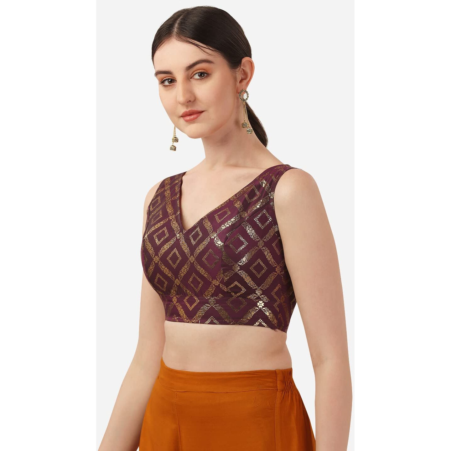 OOMPH Women's Indian Ethnic Wear Designer Zari Work V Neck Sleeveless Purple Blouse for Saree or Lehnga and BlousePalazzos or Skirts for a Fusion Twist.