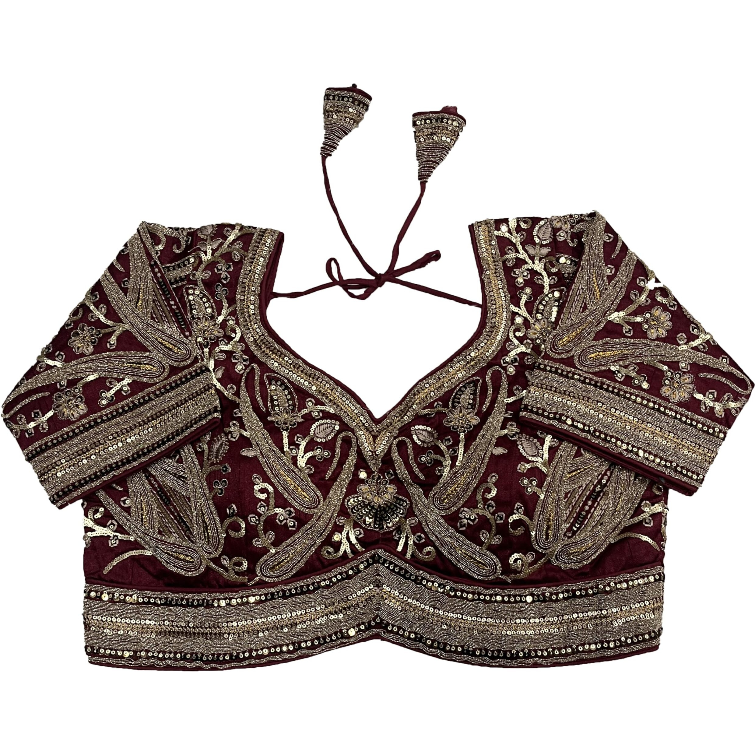Pujia Mills Womens Embroidery Readymade Bridal Blouse Copper Coding Glitter Sequence Thread Work Indian Ethnic Designer Stitched Half Sleeve Readymade Maroon Blouse Women Saree Bridal Lehenga Choli