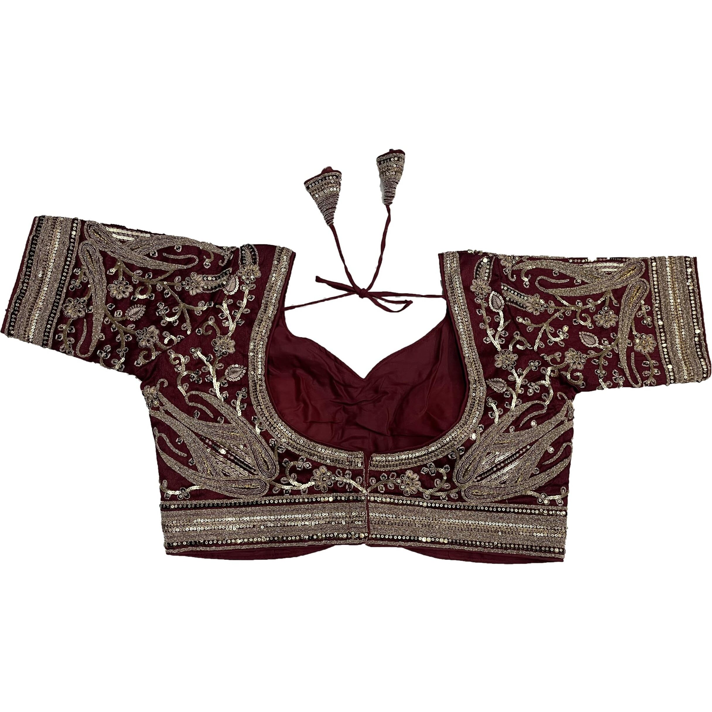 Pujia Mills Womens Embroidery Readymade Bridal Blouse Copper Coding Glitter Sequence Thread Work Indian Ethnic Designer Stitched Half Sleeve Readymade Maroon Blouse Women Saree Bridal Lehenga Choli