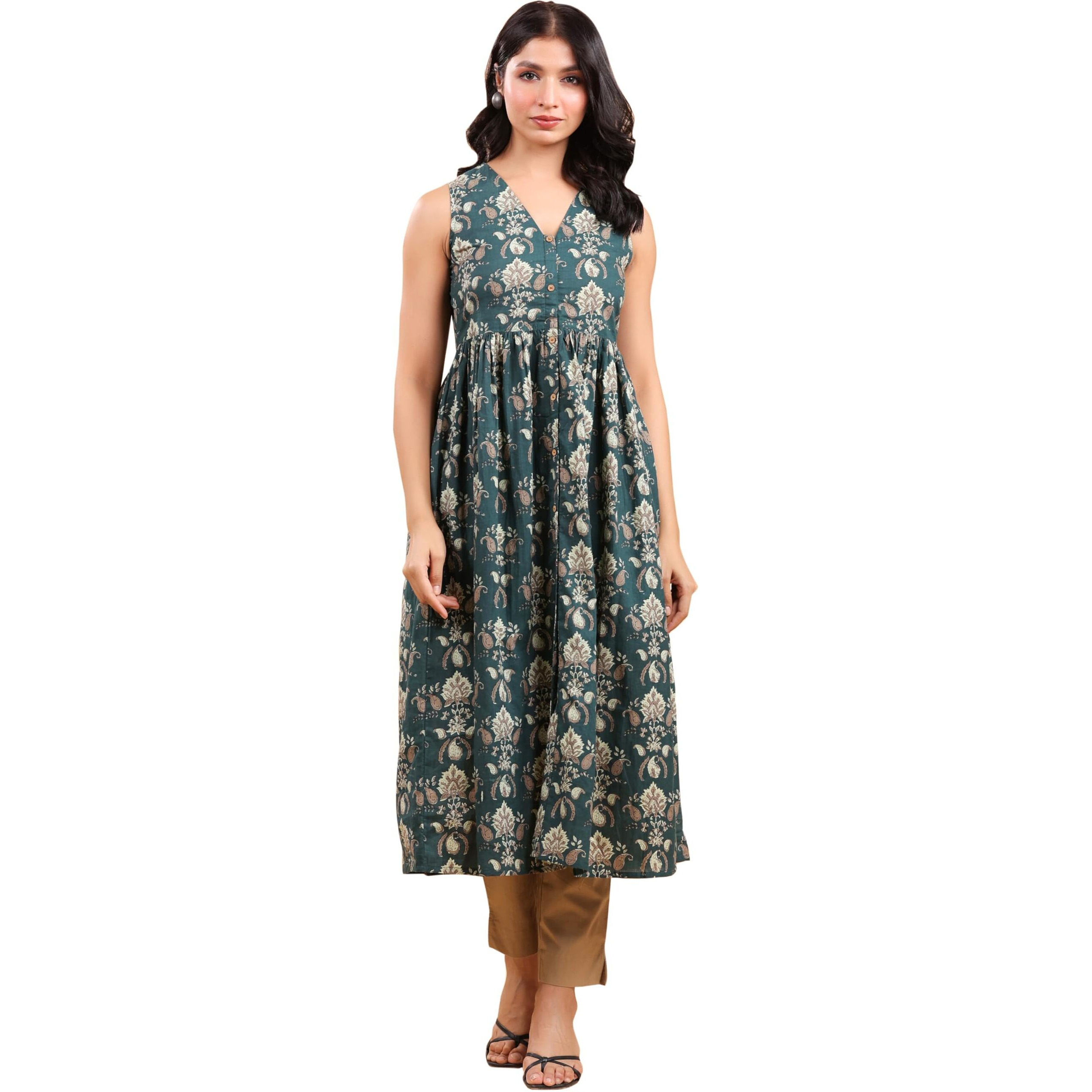 Janasya Women's Dark Green Pure Cotton Paisley Printed A-Line Kurta (JAB24KR00640-XS)