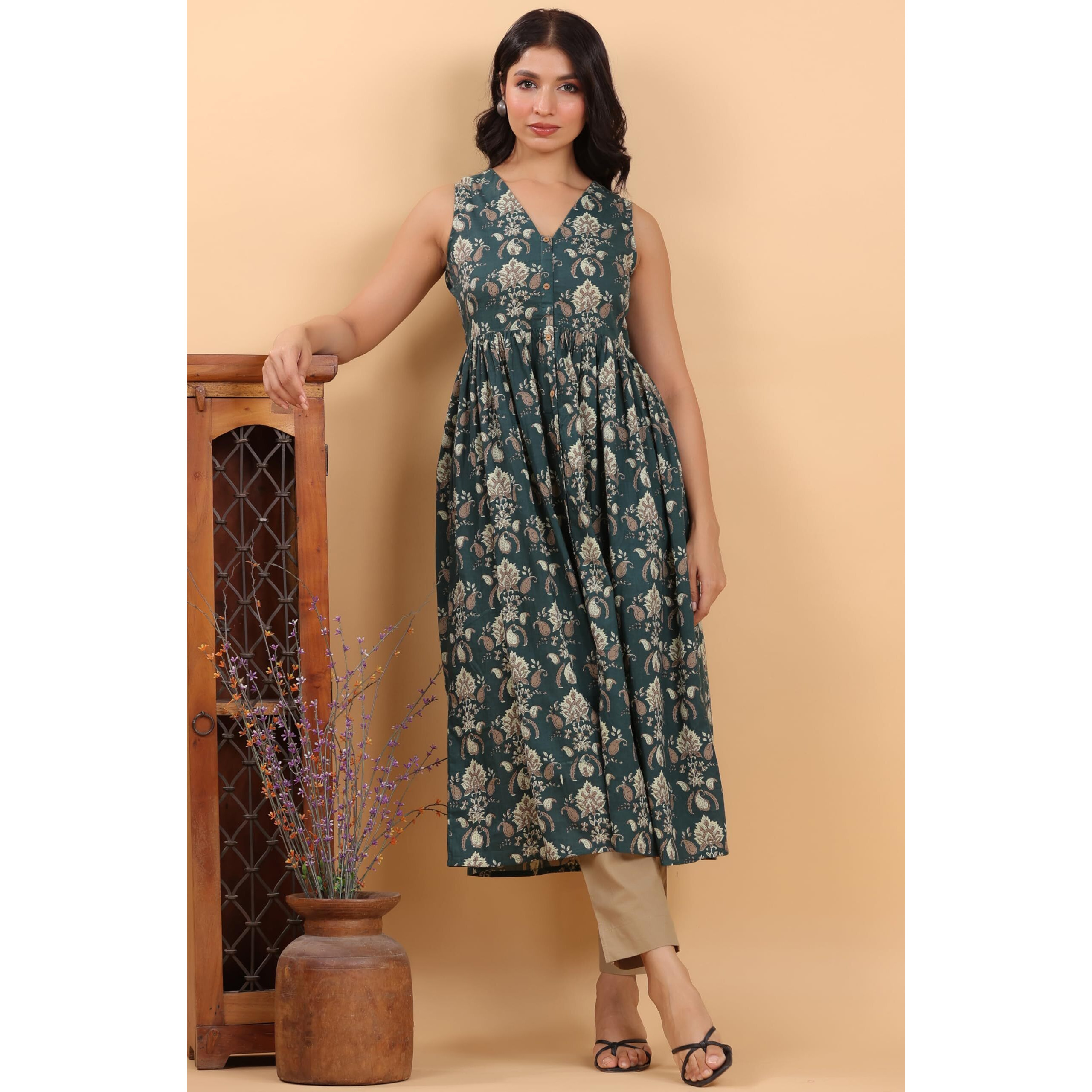 Janasya Women's Dark Green Pure Cotton Paisley Printed A-Line Kurta (JAB24KR00640-XS)