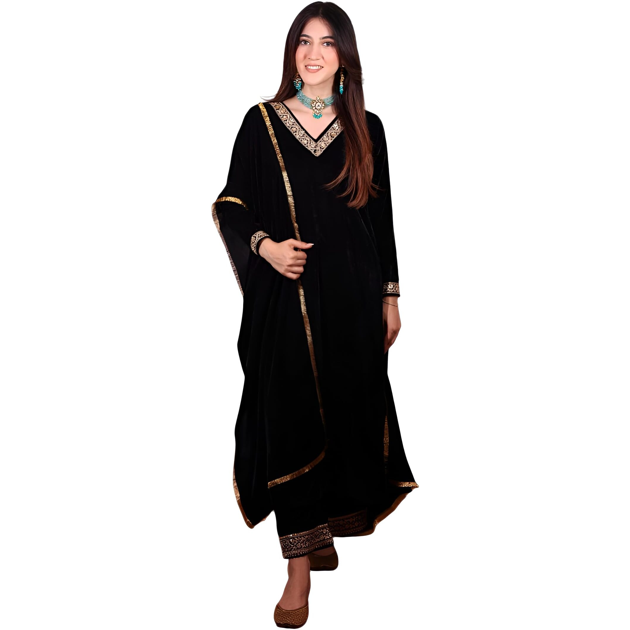 BHARVITA Women's Velvet Embroidery Straight Kurta Pant with Dupatta (in, Alpha, 2XL, Regular, Black)