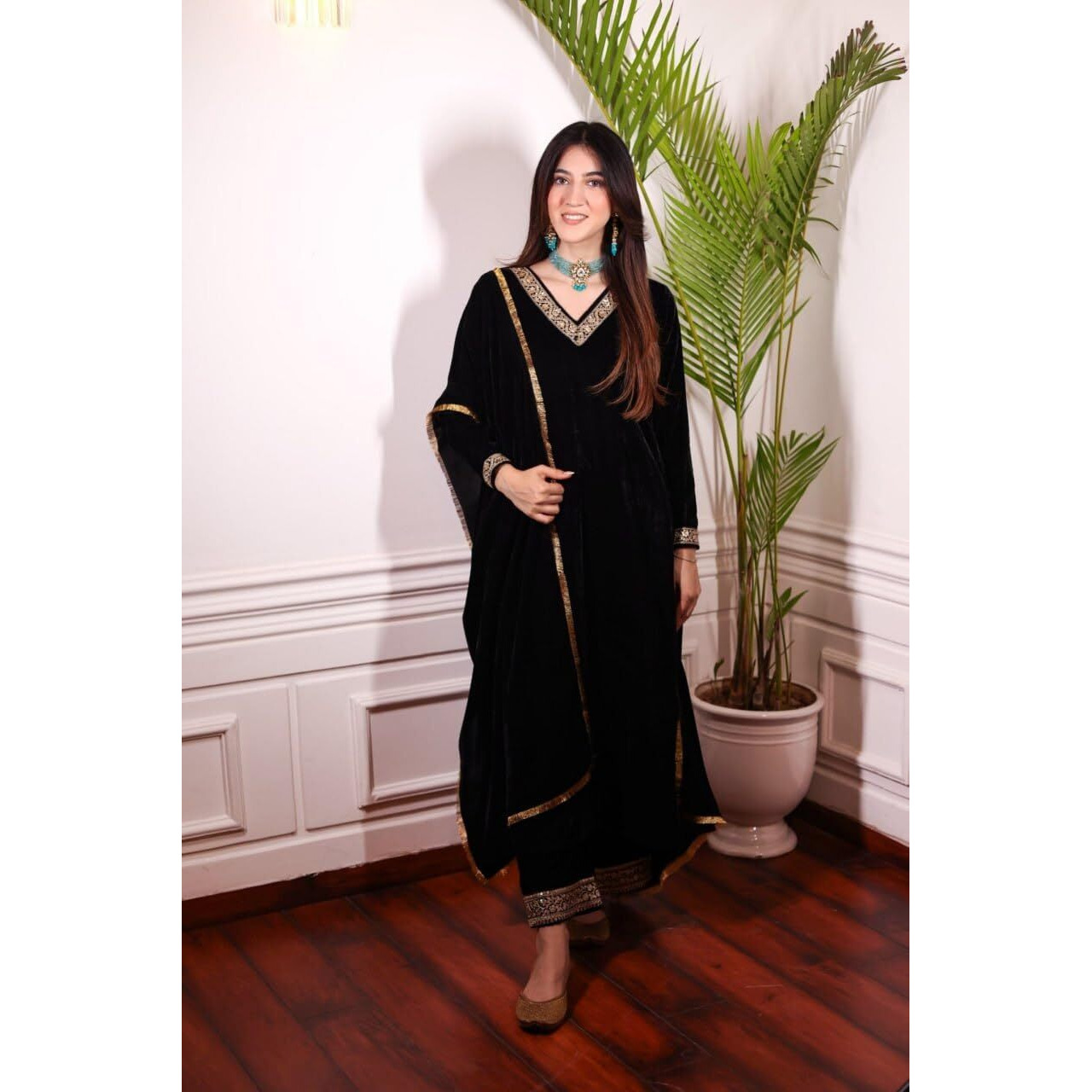 BHARVITA Women's Velvet Embroidery Straight Kurta Pant with Dupatta (in, Alpha, 2XL, Regular, Black)