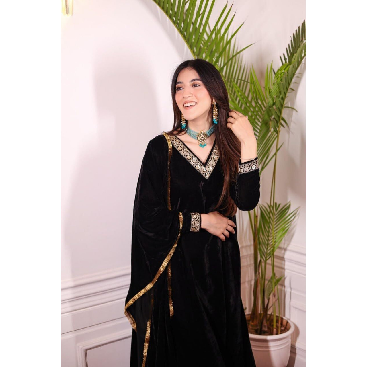 BHARVITA Women's Velvet Embroidery Straight Kurta Pant with Dupatta (in, Alpha, 2XL, Regular, Black)