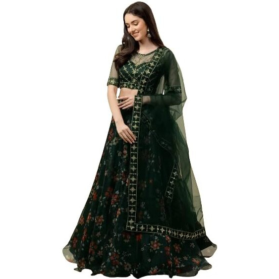 Suppar Sleave Women's Digital Printed Lehenga Choli (Green)