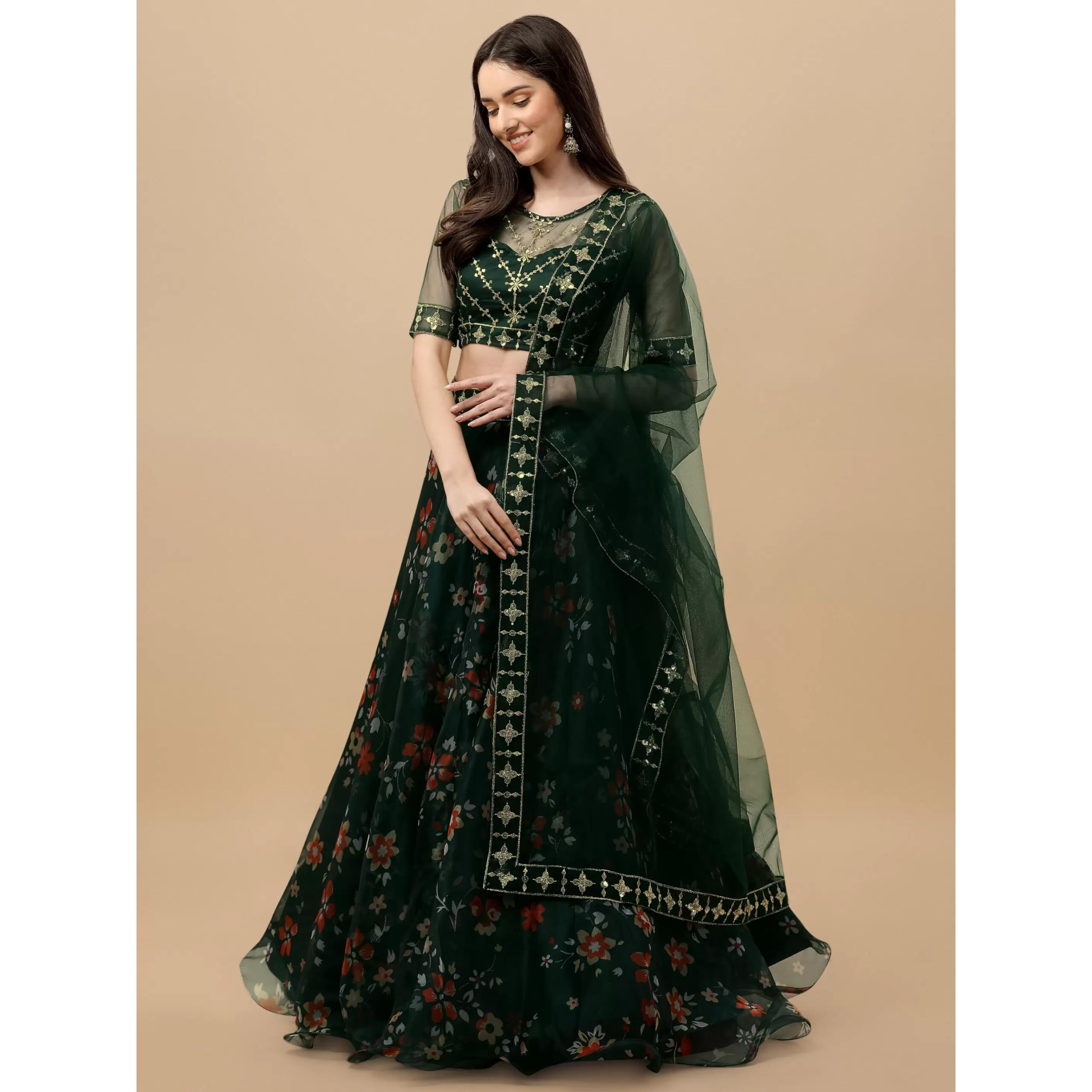 Suppar Sleave Women's Digital Printed Lehenga Choli (Green)
