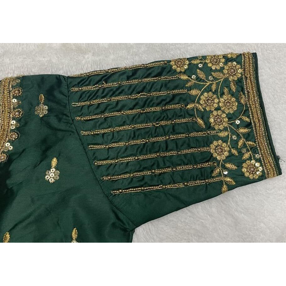 Pujia Mills Women's Readymade Bridal Embroidery Blouse Multi Coding maggam Work moti Work Indian Ethnic Designer Stitched Readymade Saree Half Sleeve Green Blouse for Women for Saree Lehenga Choli