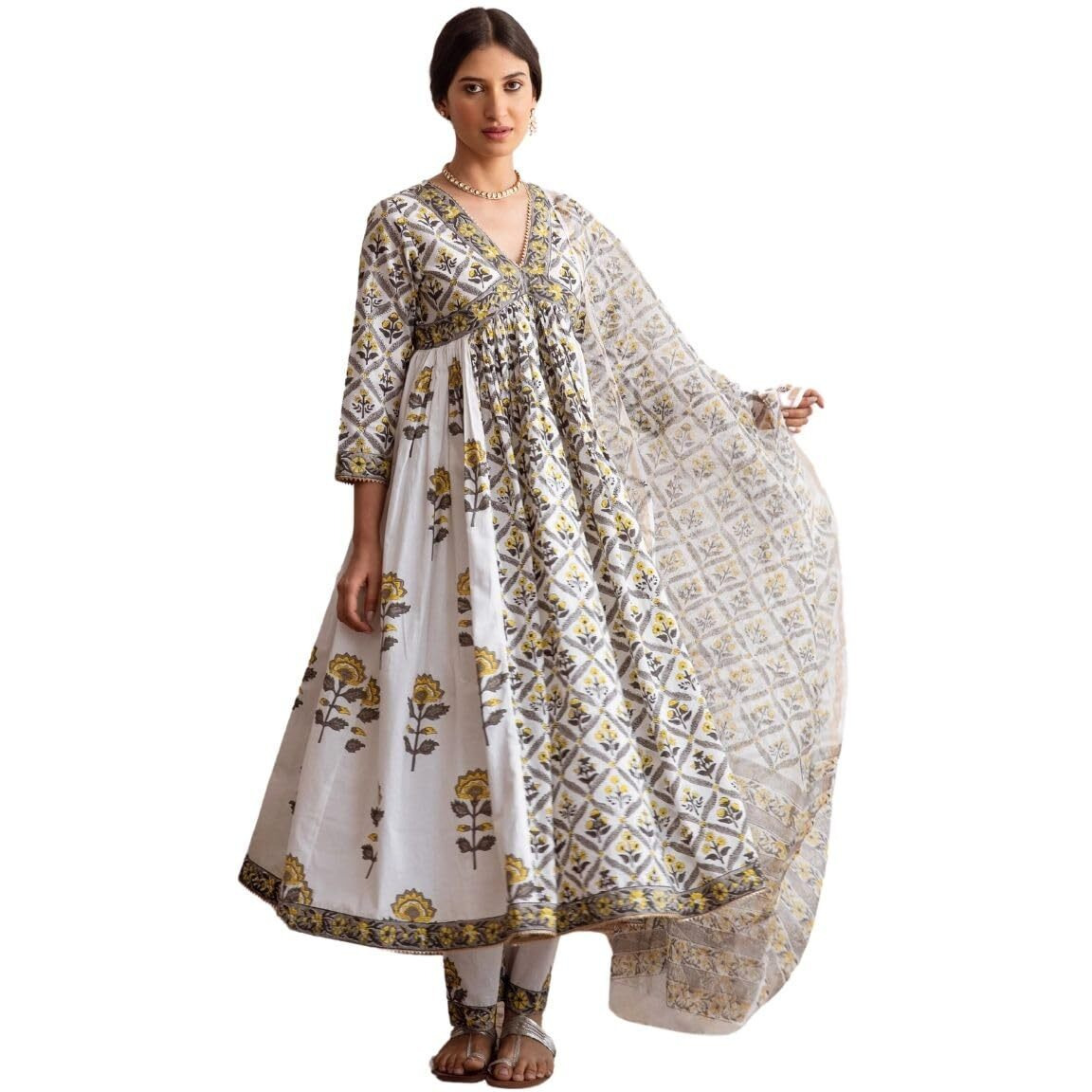 GRECIILOOKS Women's Rayon Anarkali Printed V- Neck Kurta With Palazzo & Dupatta | Ethnic Set | Dupatta Set | Suit Set | Kurta And Pant Set (IN, Alpha, S, Regular, WHITE)