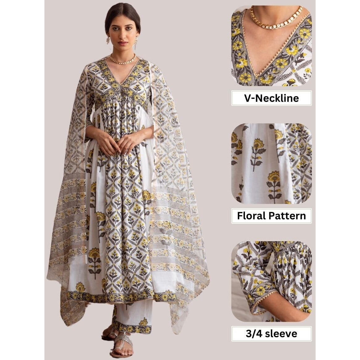 GRECIILOOKS Women's Rayon Anarkali Printed V- Neck Kurta With Palazzo & Dupatta | Ethnic Set | Dupatta Set | Suit Set | Kurta And Pant Set (IN, Alpha, S, Regular, WHITE)