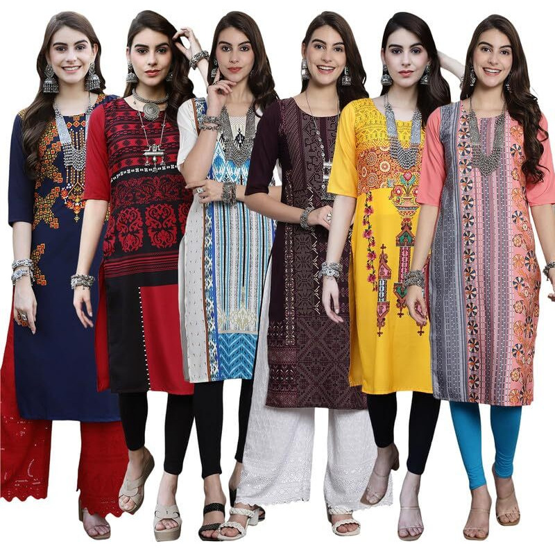 Pinkmint Women's Crepe Digital Print Straight Kurta [Pack of 6]