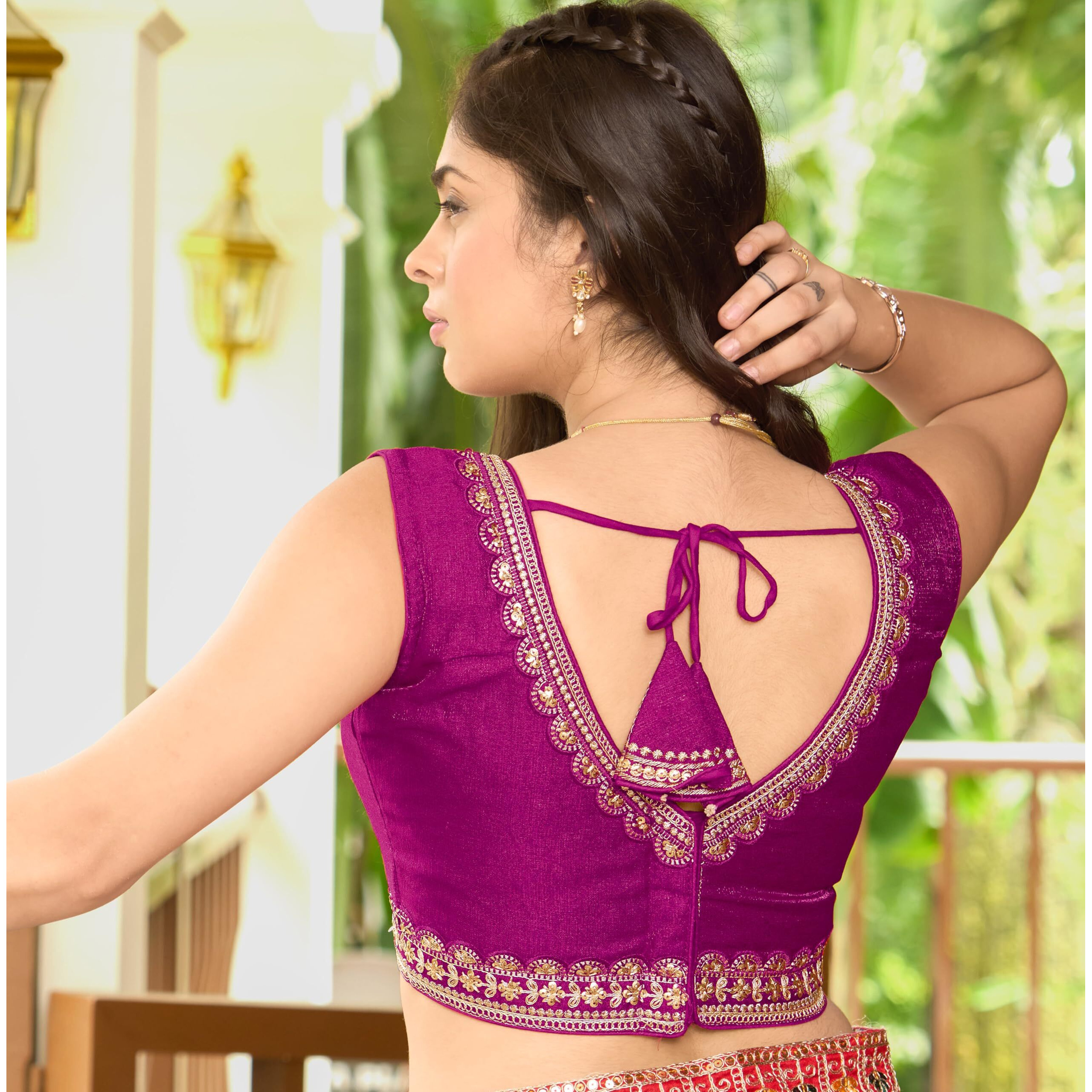 Pujia Mills Women's Sequin Embroidered V Neck Sleeveless Readymade Saree Blouse Indian Ethnic Designer Stitched Readymade Sequence Saree Blouse Sleeveless Blouse Readymade Wine Blouse for Women