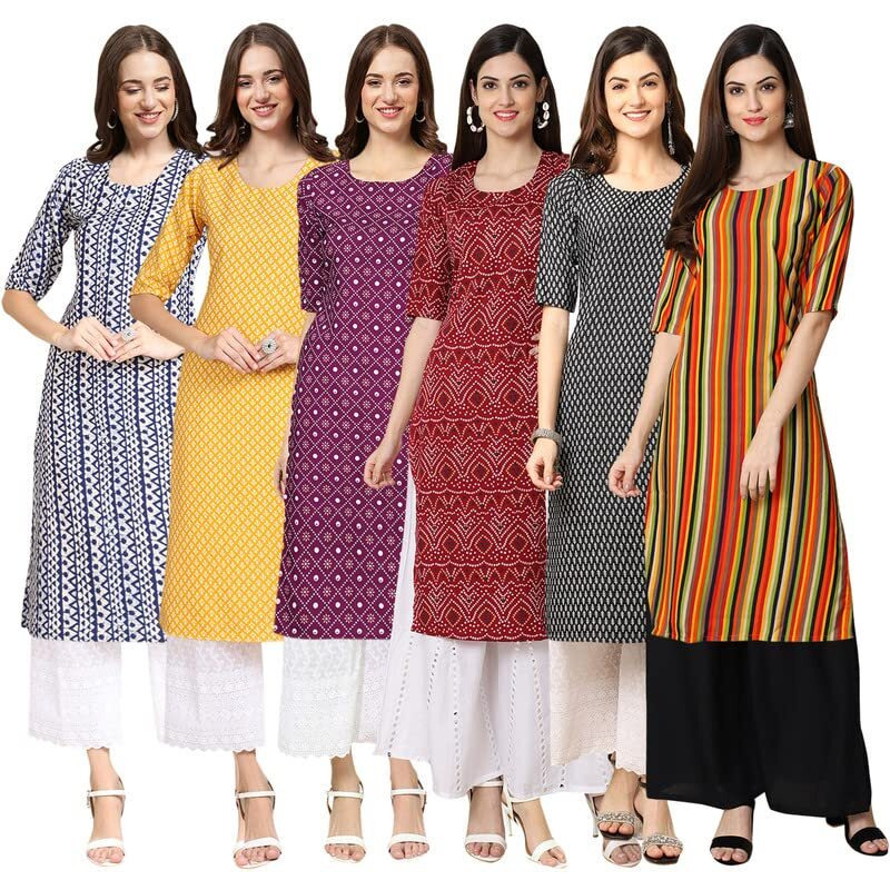 Pinkmint Women's Crepe Digital Print Straight Kurta [Pack of 6] Multicolour