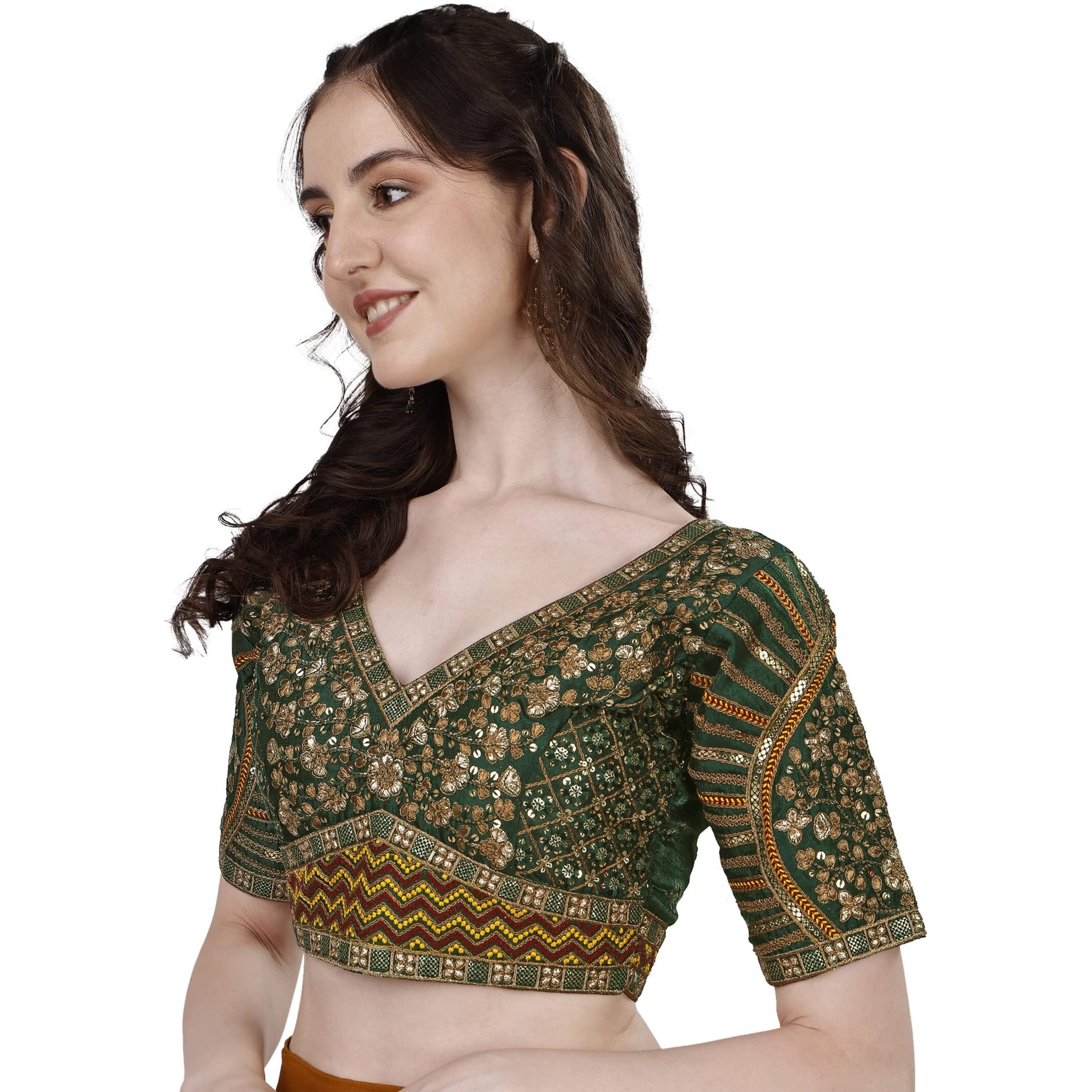 Vihu Fashion Women's Fancy Readymade Heavy Coding Embroidary Worked Half Sleeve Green Saree Blouse(Mushroom Green_42)
