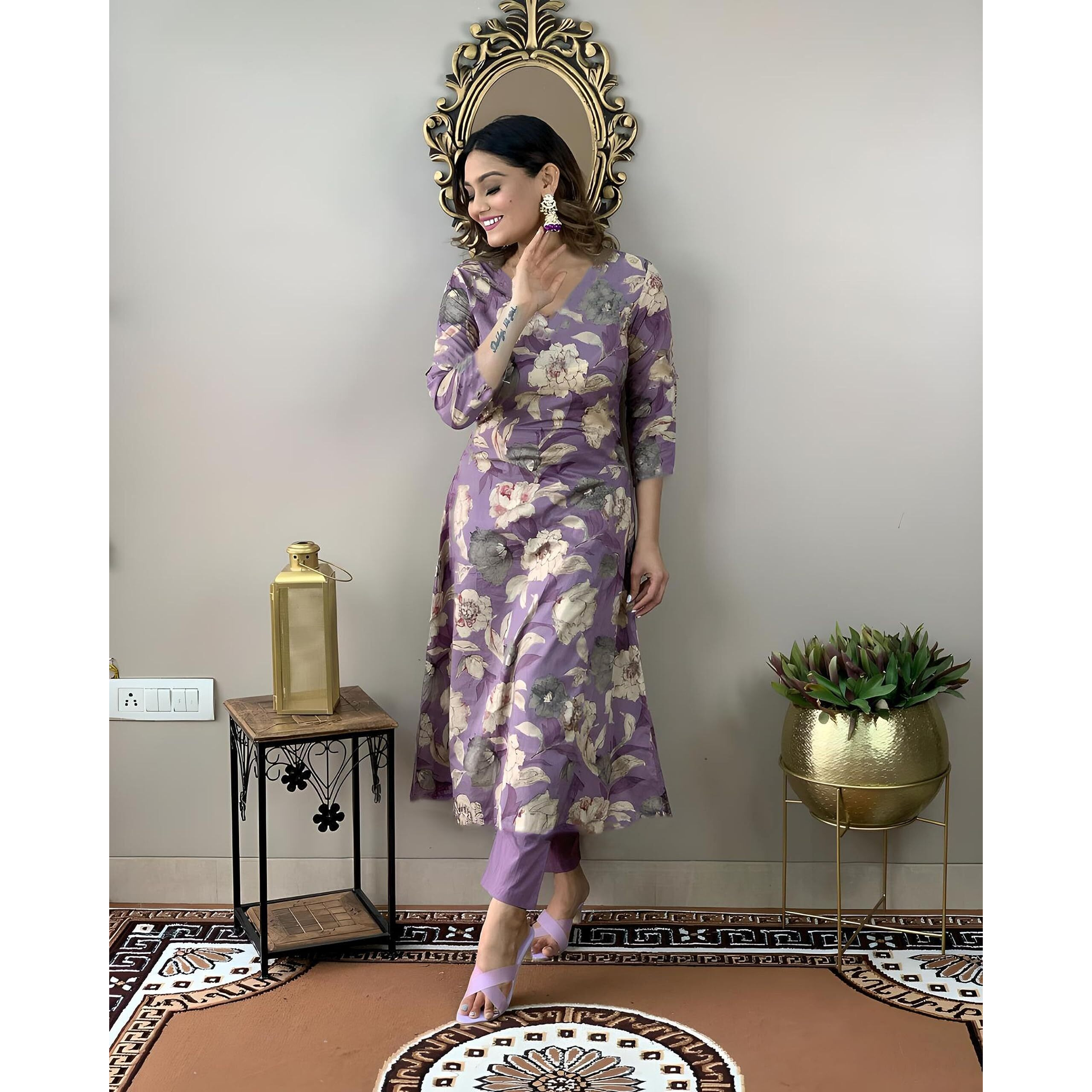 ANNI DESIGNER Women's Rayon Straight Printed Kurta with Pant Set (DHUN-Purple-NW_M_Purple_Medium)