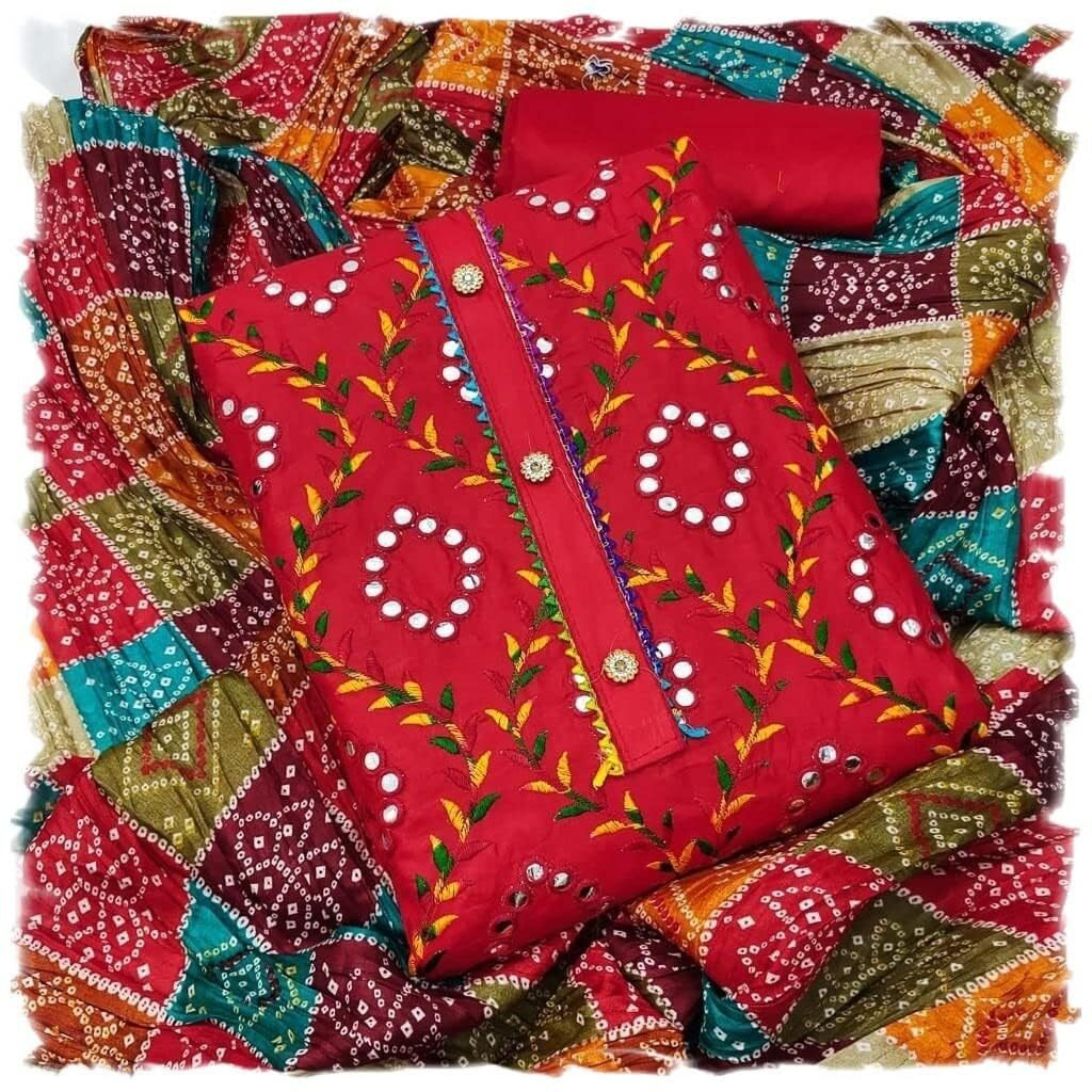 StyleScope Women's Cotton Blend Embroidery Work Unstitched Salwar Suit Dress Material With Bandhej/Bandhani Print Dupatta (DM Mirror Red_Red_Free Size)
