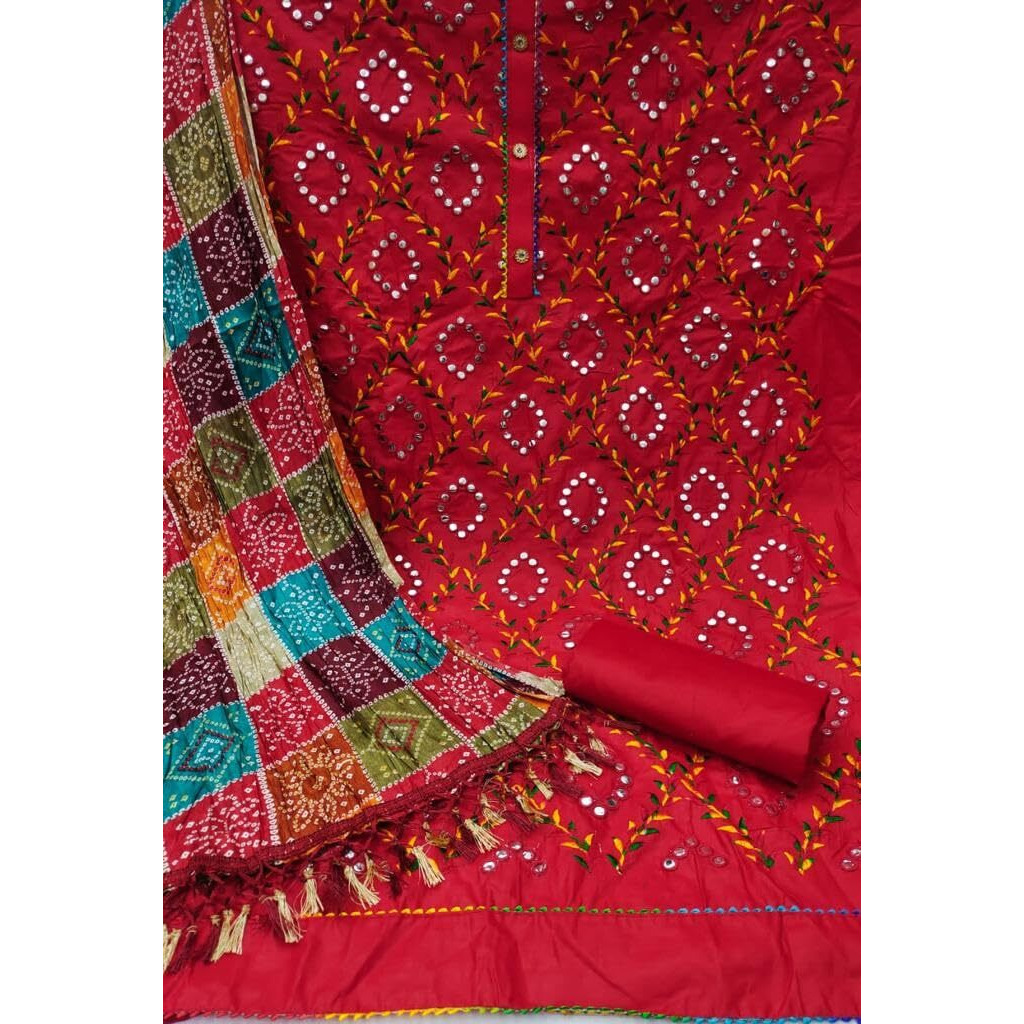 StyleScope Women's Cotton Blend Embroidery Work Unstitched Salwar Suit Dress Material With Bandhej/Bandhani Print Dupatta (DM Mirror Red_Red_Free Size)