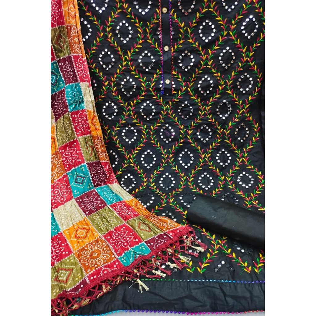 StyleScope Women's Cotton Blend Embroidery Work Unstitched Salwar Suit Dress Material With Bandhej/Bandhani Print Dupatta (DM Mirror Gold_Gold_Free Size)