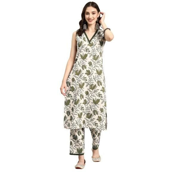 SMOWKLY V-Neck Sleeveless Kurta for Women (1434_DGRN_XL)