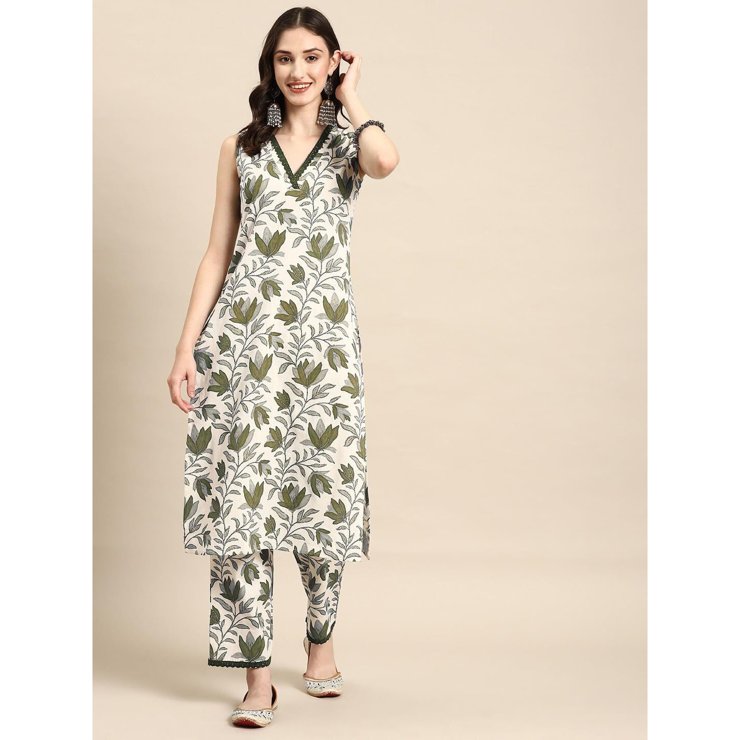 SMOWKLY V-Neck Sleeveless Kurta for Women (1434_DGRN_XL)