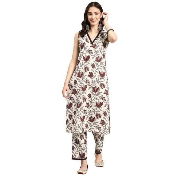 SMOWKLY V-Neck Sleeveless Kurta for Women (1432_BRN_XXL) Brown