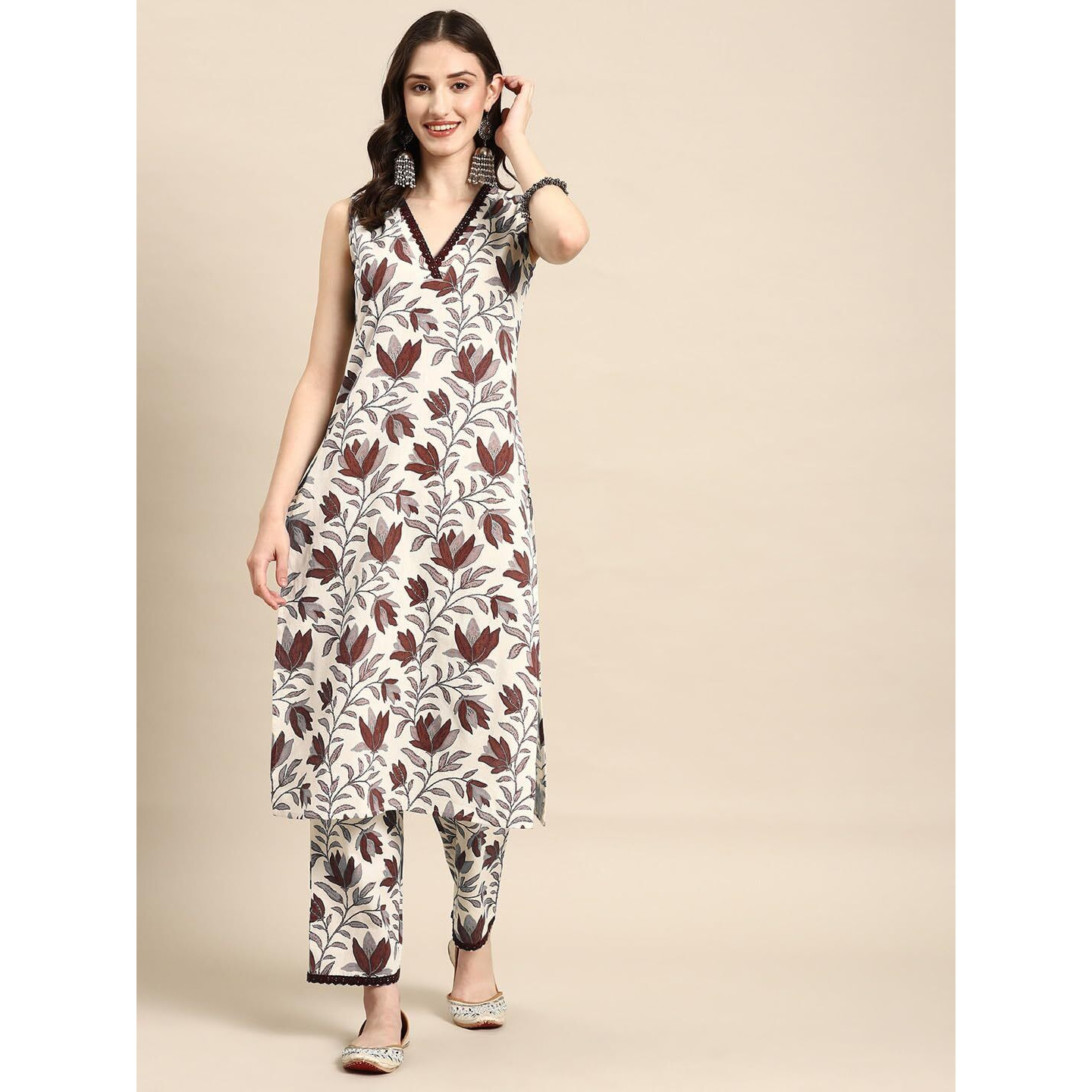 SMOWKLY V-Neck Sleeveless Kurta for Women (1432_BRN_XXL) Brown
