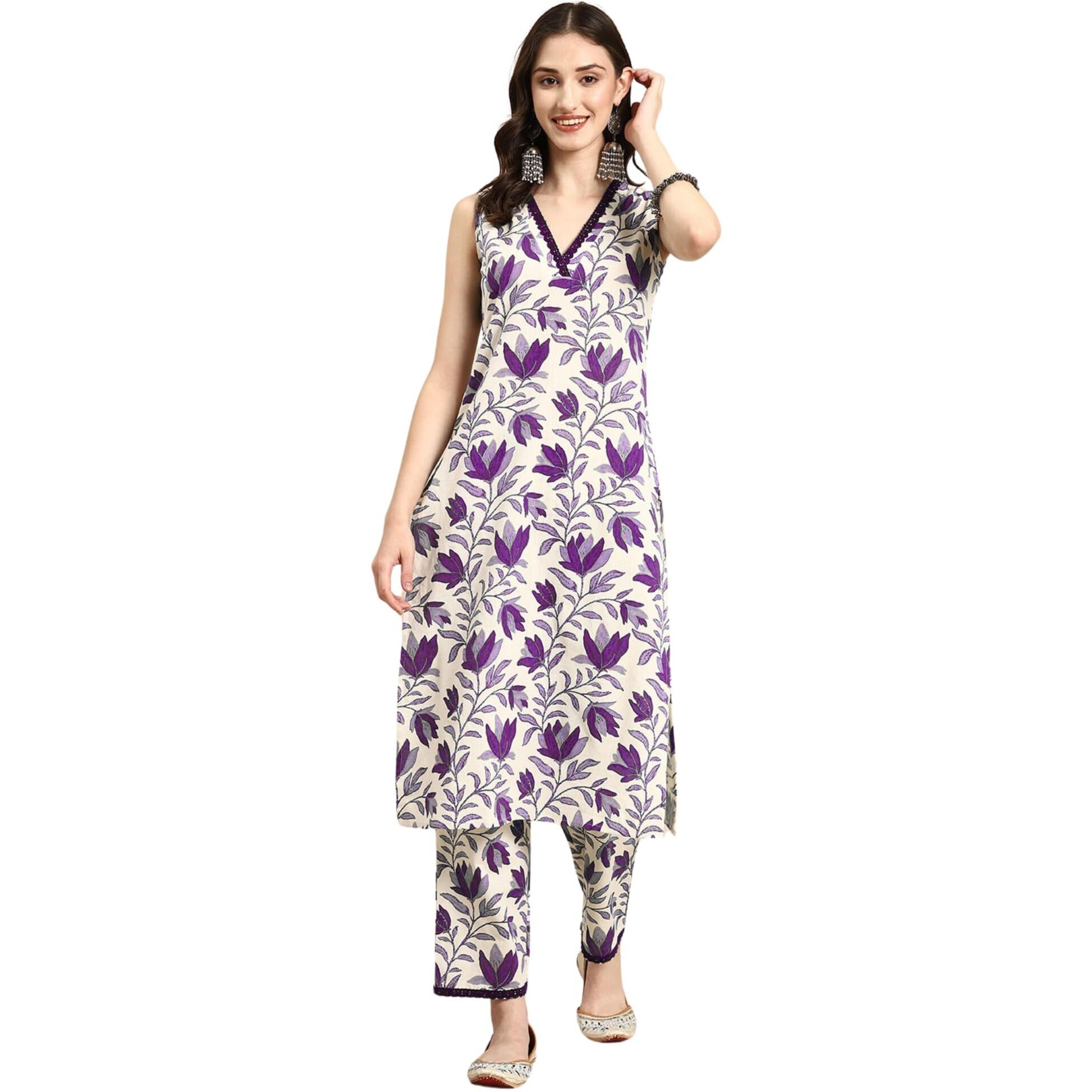 SMOWKLY V-Neck Sleeveless Kurta for Women (1430_PRL_S) Purple