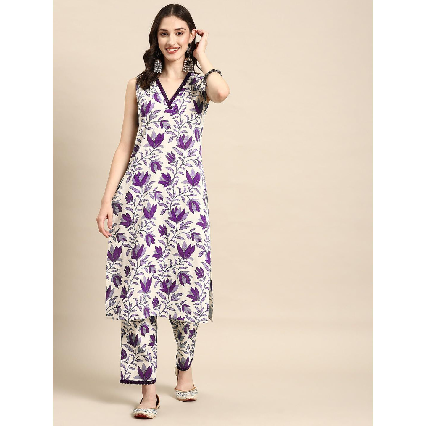 SMOWKLY V-Neck Sleeveless Kurta for Women (1430_PRL_S) Purple