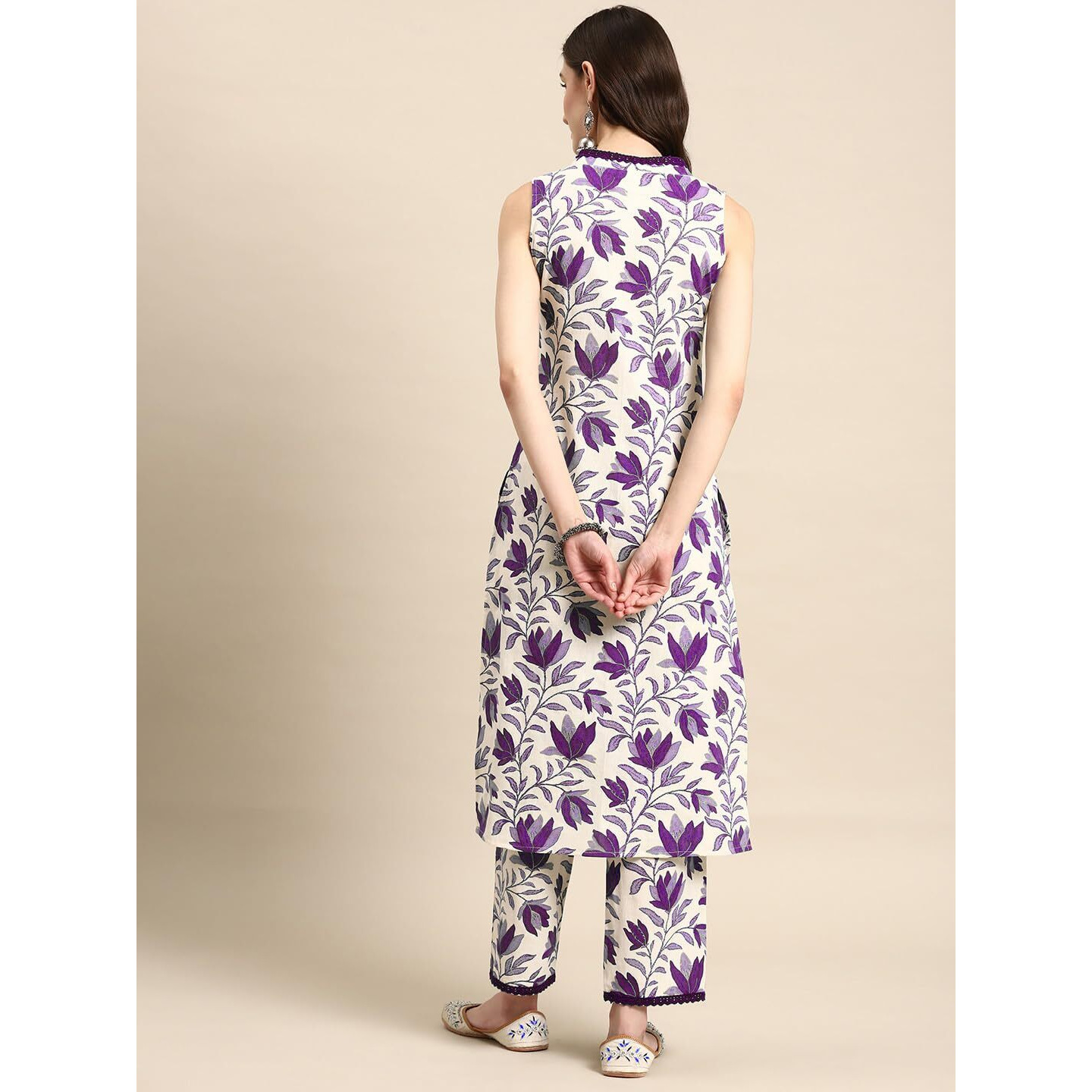 SMOWKLY V-Neck Sleeveless Kurta for Women (1430_PRL_S) Purple